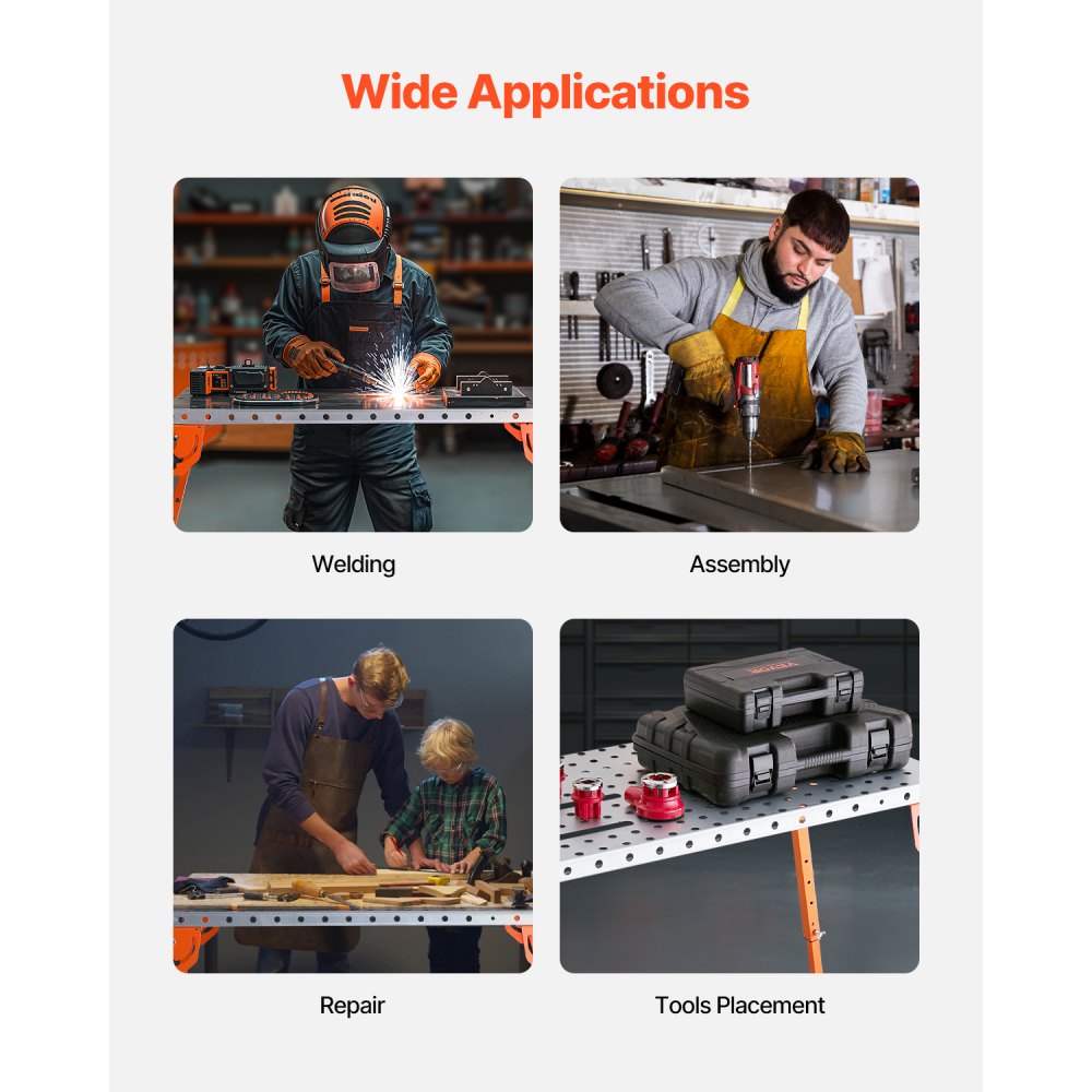 VEVOR Faltbarer Schweißtisch 533x1118mm, 226 kg Tragkraft, Werktisch mit 4-stufiger Höhenverstellung, Werkbank mit 6 Werkzeugschlitzen und 16mm Befestigungslöchern für Reparatur von Schweißbaugruppen