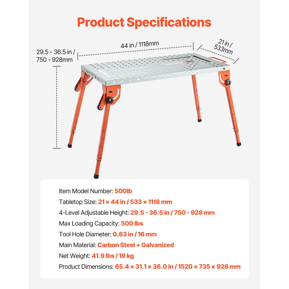 VEVOR Faltbarer Schweißtisch 533x1118mm, 226 kg Tragkraft, Werktisch mit 4-stufiger Höhenverstellung, Werkbank mit 6 Werkzeugschlitzen und 16mm Befestigungslöchern für Reparatur von Schweißbaugruppen