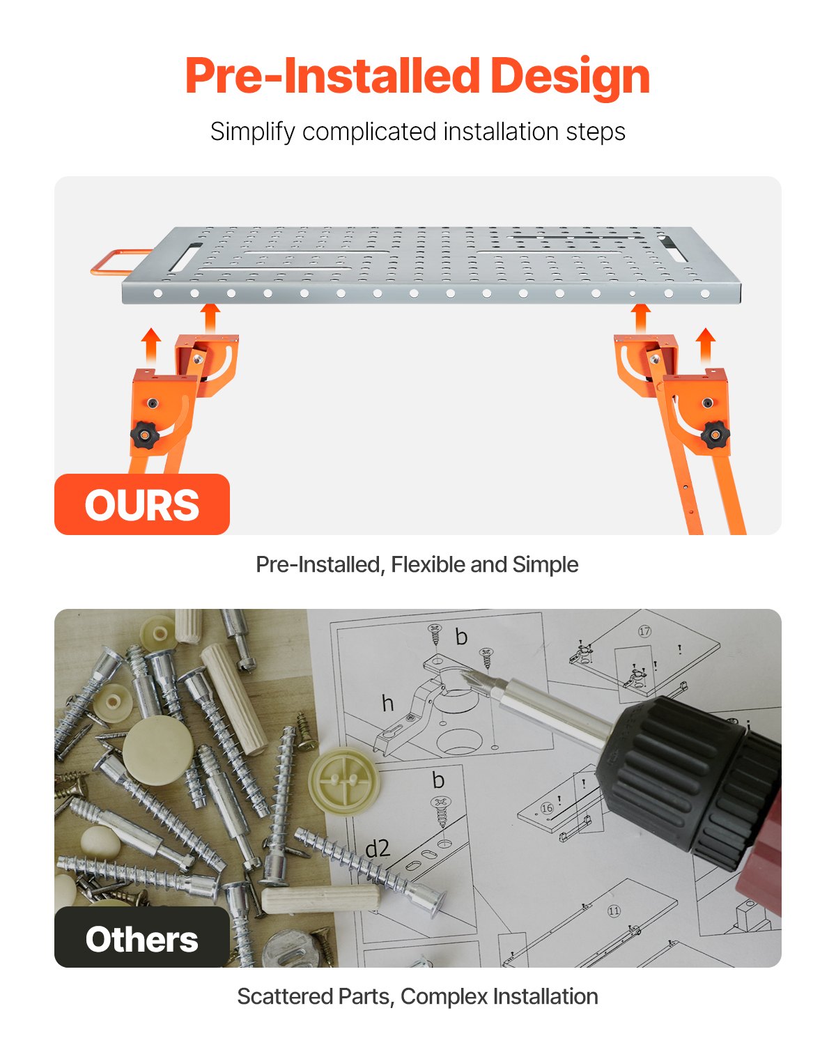 VEVOR Faltbarer Schweißtisch 533x1118mm, 226 kg Tragkraft, Werktisch mit 4-stufiger Höhenverstellung, Werkbank mit 6 Werkzeugschlitzen und 16mm Befestigungslöchern für Reparatur von Schweißbaugruppen
