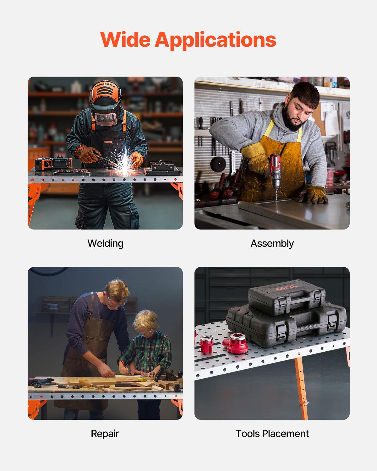 VEVOR Faltbarer Schweißtisch 533x1118mm, 226 kg Tragkraft, Werktisch mit 4-stufiger Höhenverstellung, Werkbank mit 6 Werkzeugschlitzen und 16mm Befestigungslöchern für Reparatur von Schweißbaugruppen