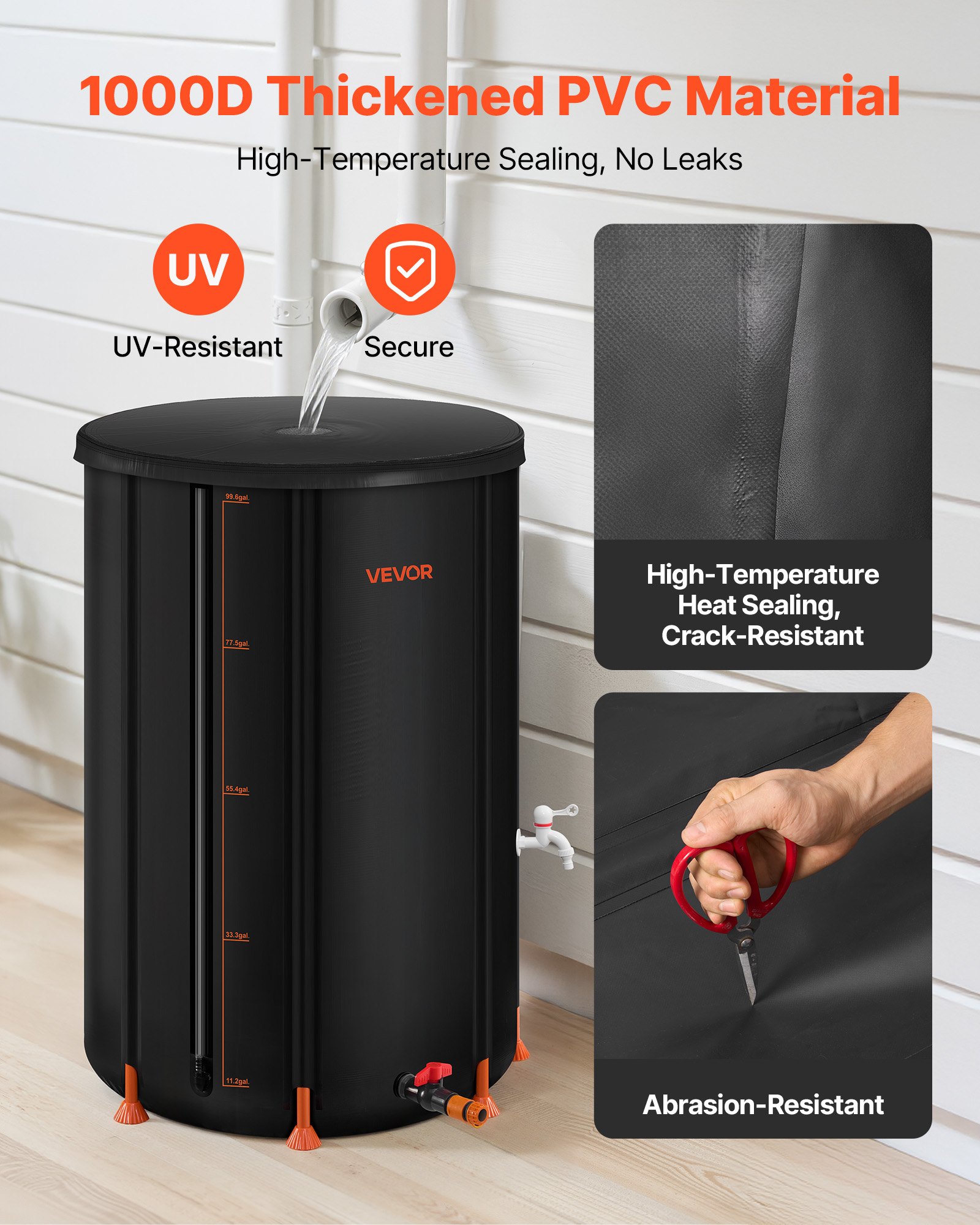 VEVOR Regentonne faltbar, 380 L tragbares Regenfass, Regenwassertank, 1000D PVC-Regenwassersammelsystem, Wassertank, Regenwassertonne mit Zapfhahn und Überlaufset, Schwarz