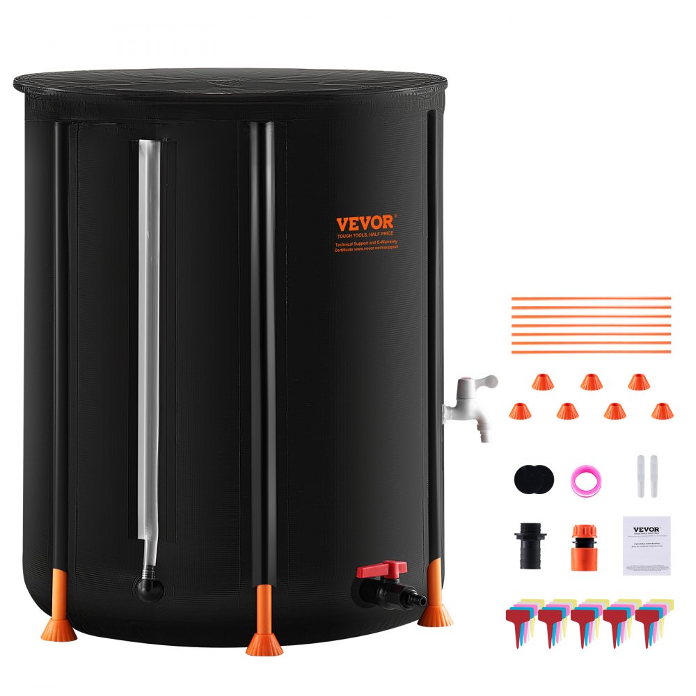 VEVOR Faltbare Regentonne, 100 Gallonen/380 L tragbarer Wassertank, PVC-Regenwassersammeltonne mit Zapfhähnen und Überlaufset, Wasserfass für Gartenwasserfänger
