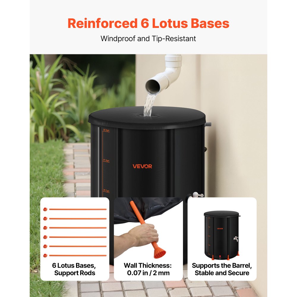 VEVOR Regentonne faltbar, 201 L tragbares Regenfass, Regenwassertank, 1000D PVC-Regenwassersammelsystem, Wassertank, Regenwassertonne mit Zapfhahn und Überlaufset, Schwarz