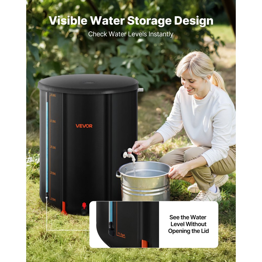 VEVOR Regentonne faltbar, 201 L tragbares Regenfass, Regenwassertank, 1000D PVC-Regenwassersammelsystem, Wassertank, Regenwassertonne mit Zapfhahn und Überlaufset, Schwarz