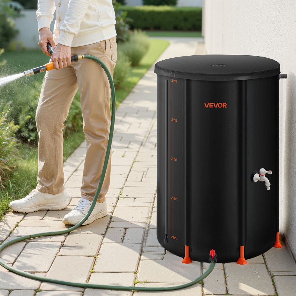 VEVOR Regentonne faltbar, 250 L tragbares Regenfass, Regenwassertank, 500D PVC-Regenwassersammelsystem, Wassertank, Regenwassertonne mit Zapfhahn und Überlaufset, Schwarz