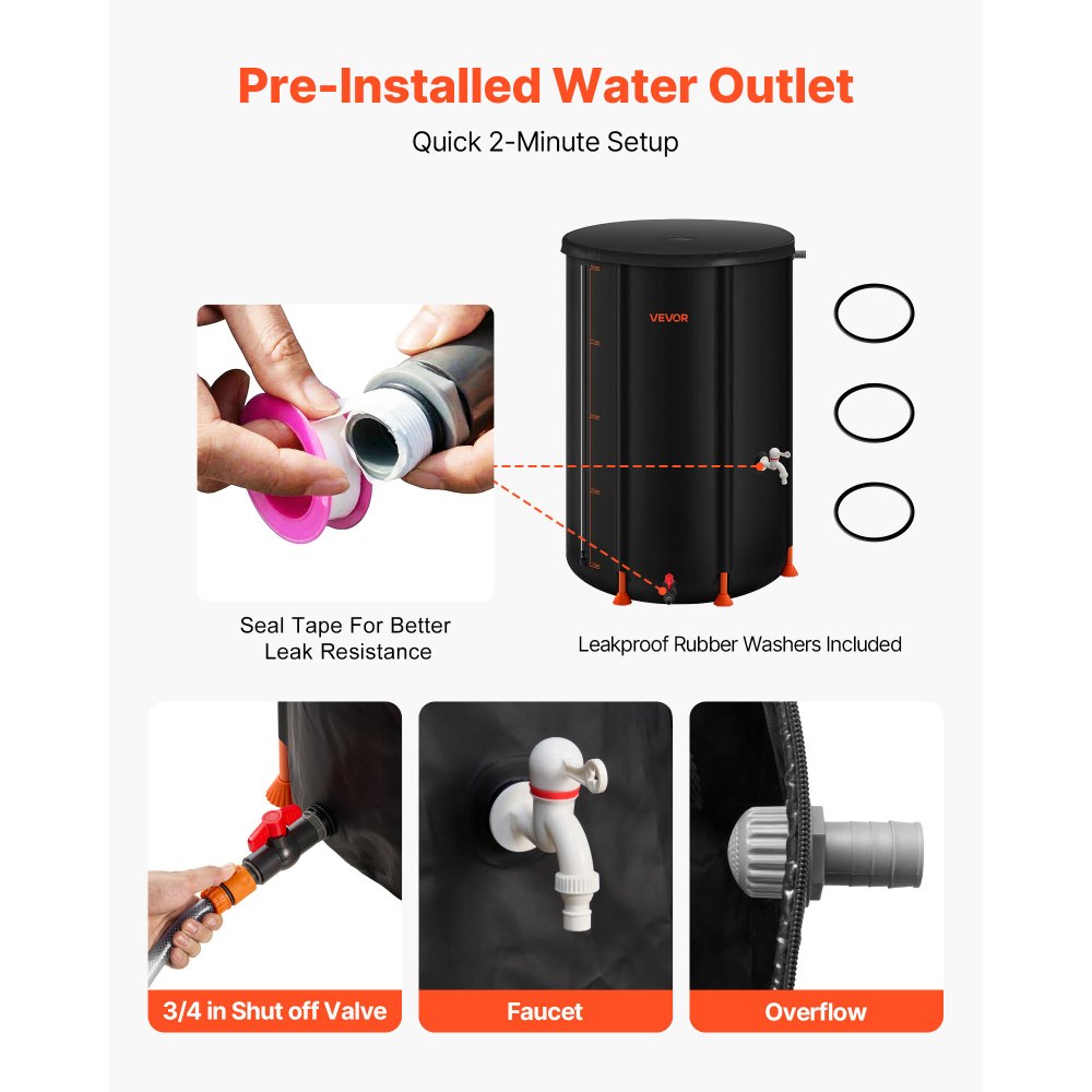 VEVOR Collapsible Rain Barrel, 250 L Portable Rain Water Collection Barrel, 500D PVC Rainwater Collection System, Garden Water Catcher Tank Storage Container with Spigot & Overflow Kit, Black