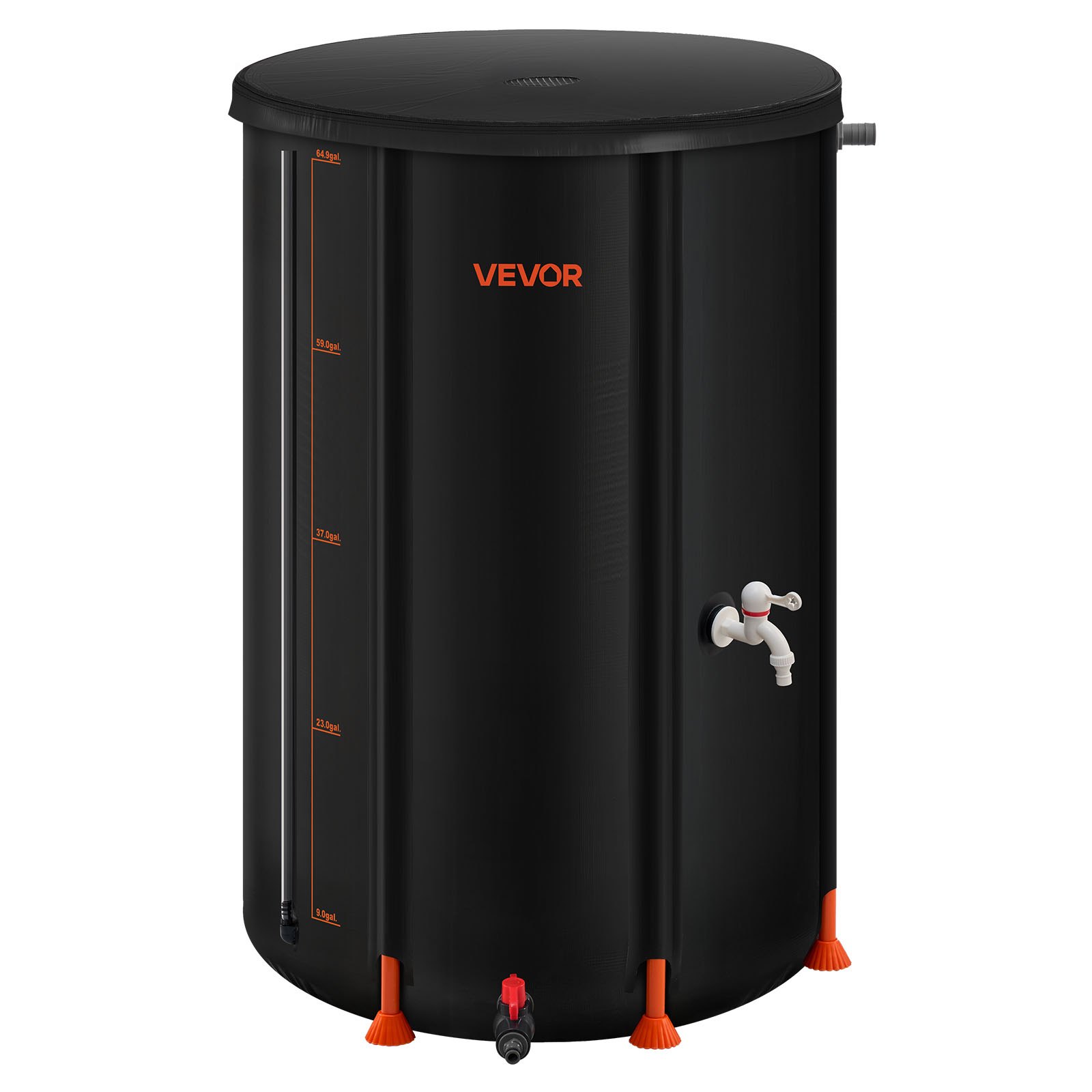 VEVOR Regentonne faltbar, 250 L tragbares Regenfass, Regenwassertank, 500D PVC-Regenwassersammelsystem, Wassertank, Regenwassertonne mit Zapfhahn und Überlaufset, Schwarz