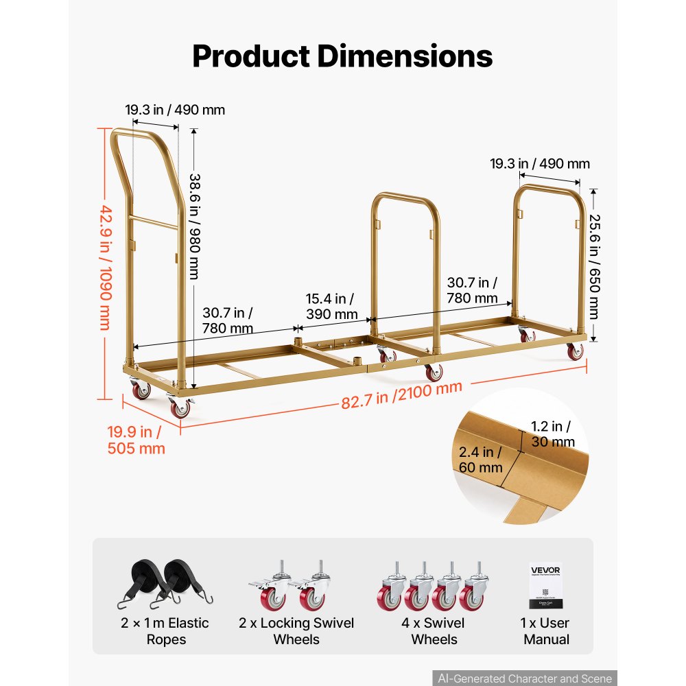 VEVOR Commercial Folding Chair Cart Holds Up to 50 Chair Vertical Placement, for Large Events, Heavy-Duty Carbon Steel, Easy to Move, 226.8 kg Capacity Storage Dolly Holder, with Locking Wheels, Handle
