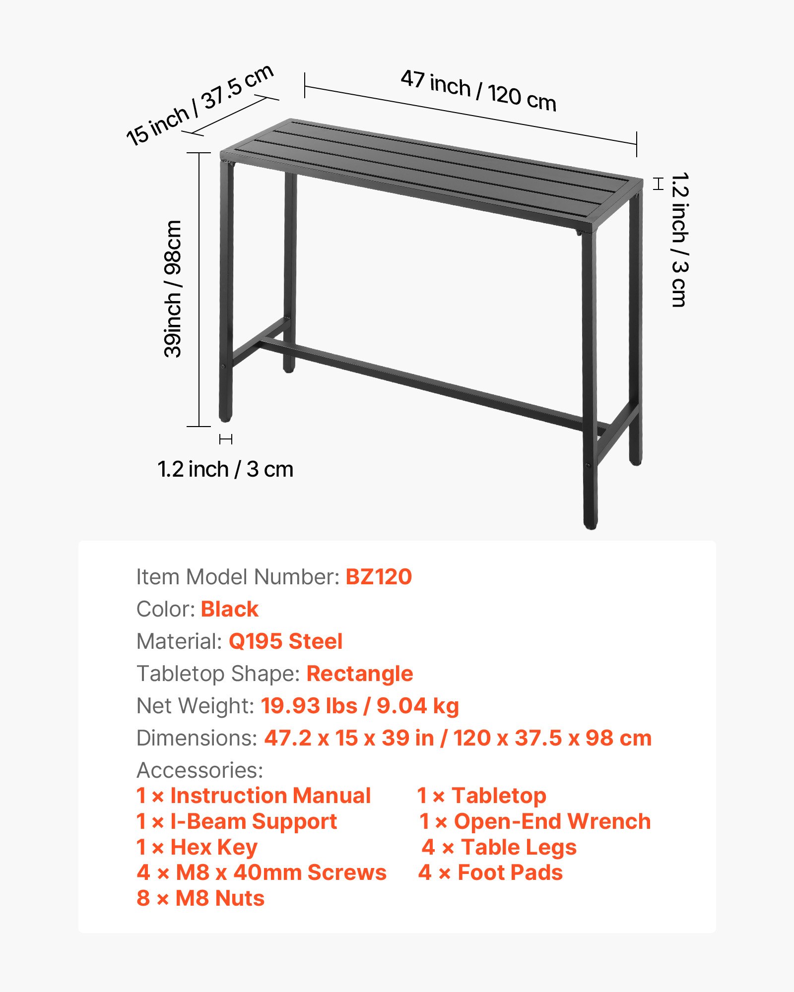 VEVOR Bartisch, 1200 x 375 x 980 mm, Bistrotisch, Stehtisch mit Metallgestell, rechteckige Esstische, Küchentisch, Tresentisch, Partytisch, Gartenmöbel für Balkon, Garten, Poolrand