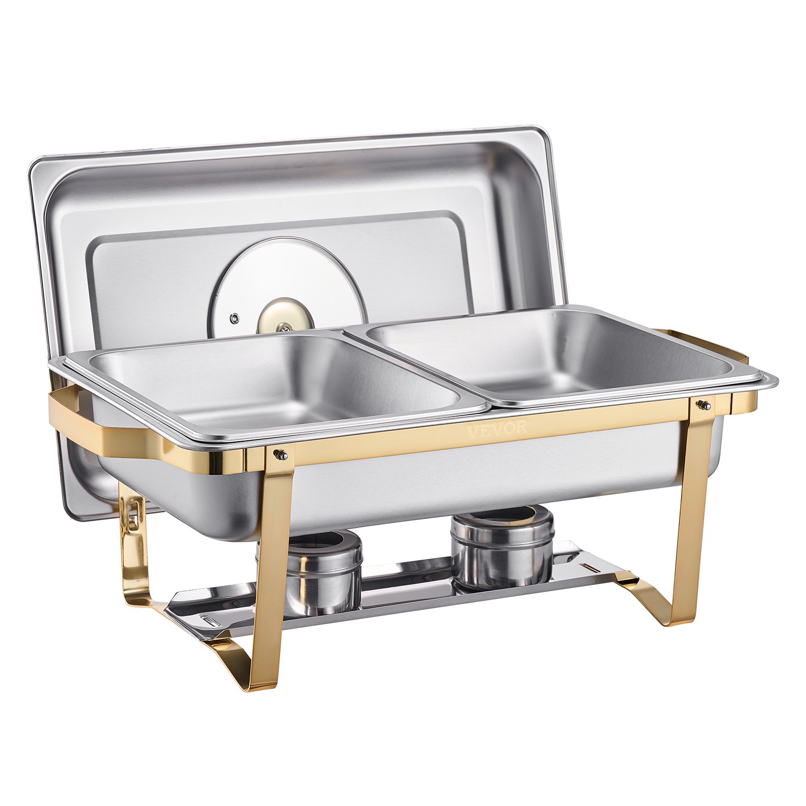 VEVOR Chafing Dish Set Speisenwärmer Edelstahl mit 4 Behältern in halber Größe (4 L pro), rechteckiger Wärmespender mit sichtbarem Deckel & Wasserpfannenständer & Brennstoffhalter, für Partys