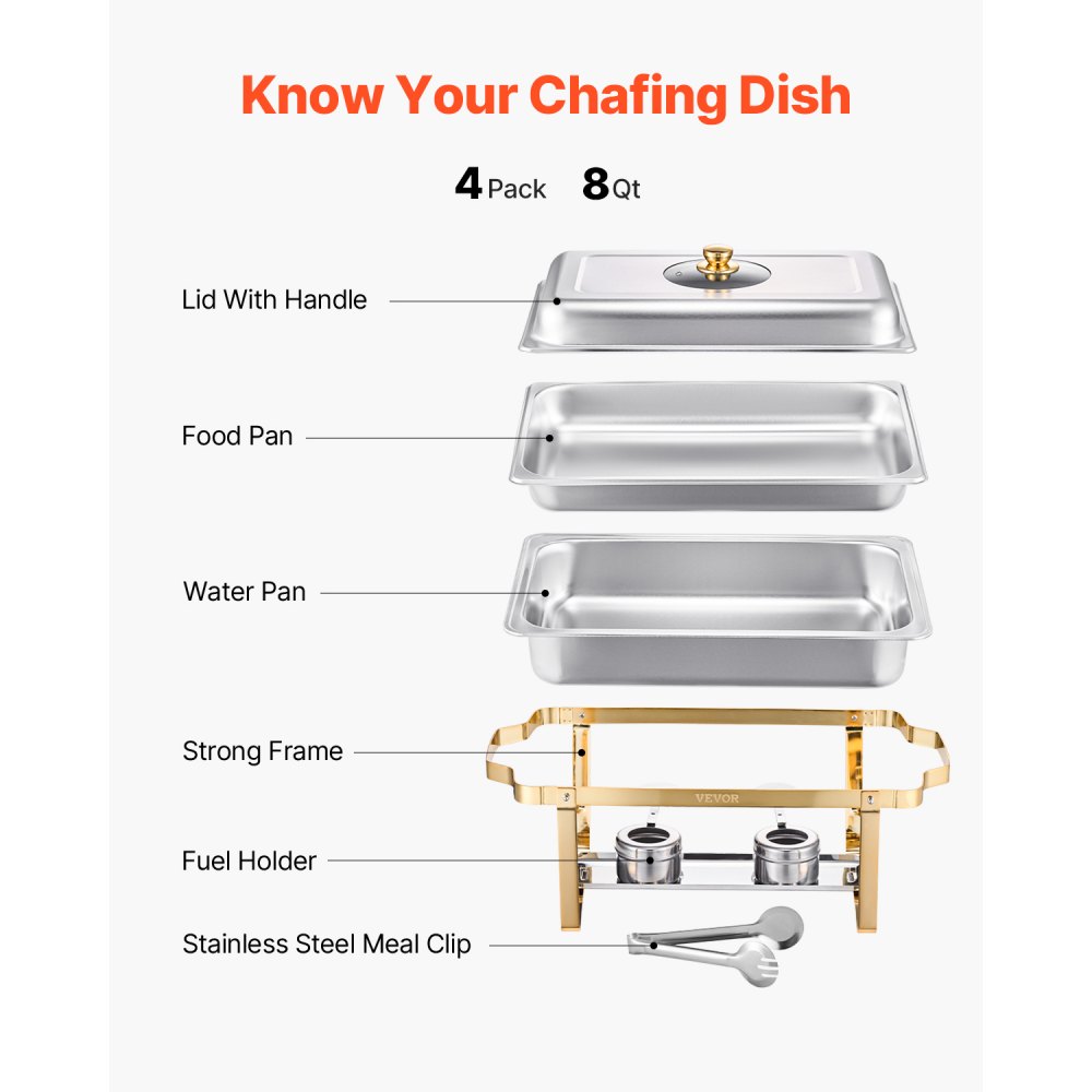 VEVOR Chafing Dish Set Speisenwärmer Edelstahl mit 4 Behältern in voller Größe (7,5 L pro), rechteckiger Wärmespender mit sichtbarem Deckel & Wasserpfannenständer & Brennstoffhalter, für Partys