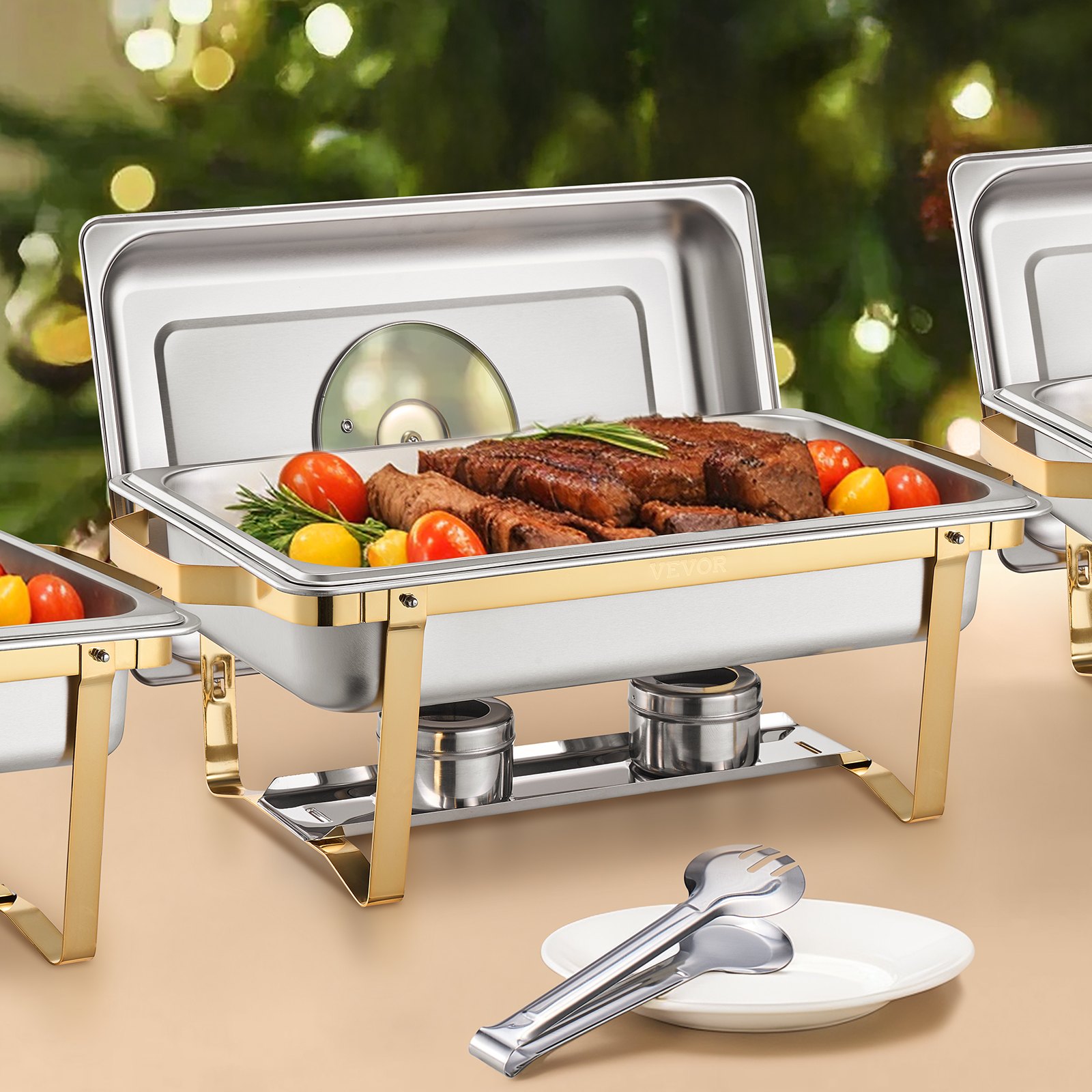VEVOR Chafing Dish Set Speisenwärmer Edelstahl mit 4 Behältern in voller Größe (7,5 L pro), rechteckiger Wärmespender mit sichtbarem Deckel & Wasserpfannenständer & Brennstoffhalter, für Partys