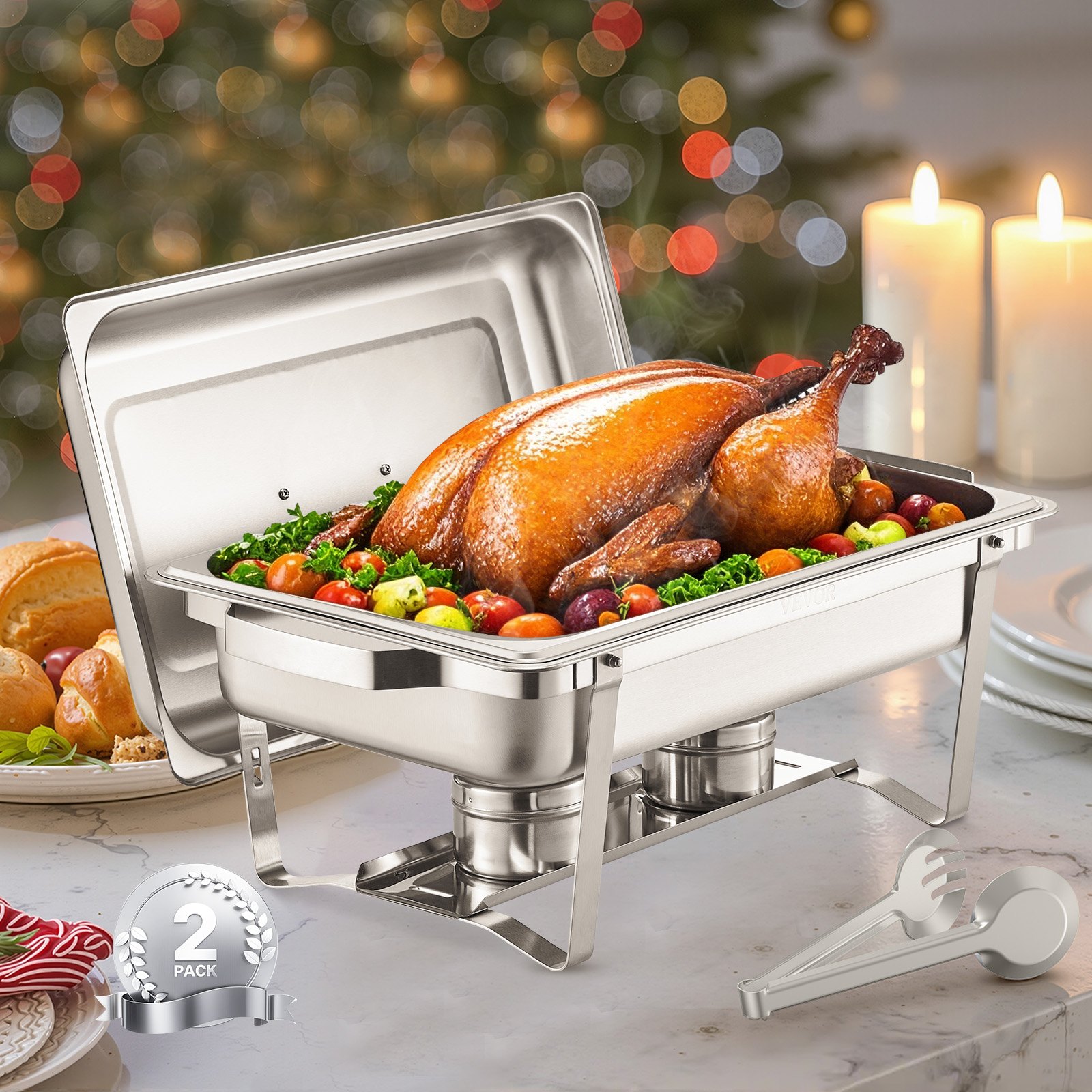 VEVOR Chafing Dish Buffet Speisenwärmer (7,5 L), 2 Stk. mit 2 Pfannen in voller Größe, rechteckiger Catering-Wärmespender mit Deckel & Brennstoffhalter, für Hochzeiten Partys Bankette Silber