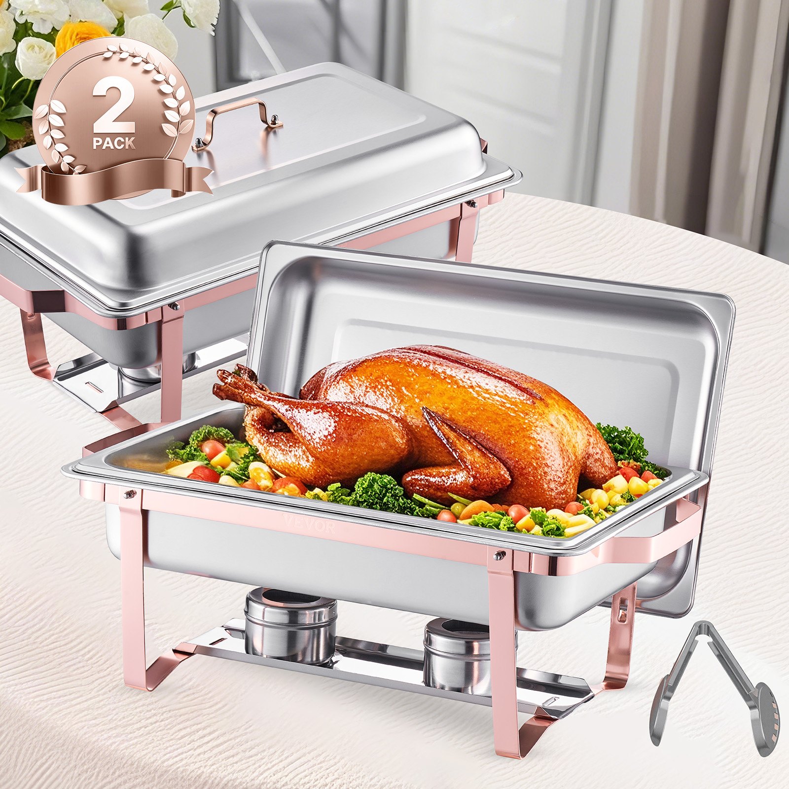 VEVOR Chafing Dish Set 2 Stk. Speisenwärmer Edelstahl mit 2 Pfannen (7,5 L) in voller Größe, rechteckiger Catering-Wärmespender mit Deckel & Wasserpfannenständer & Brennstoffhalter, Roségold
