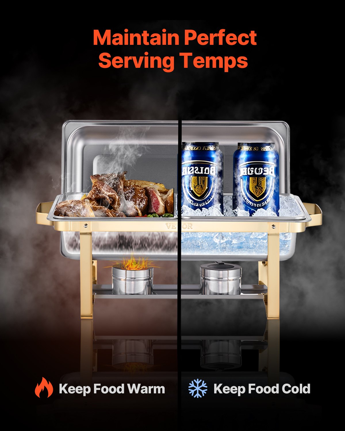 VEVOR Chafing Dish Set Speisenwärmer Edelstahl mit 2 Pfannen in voller Größe (7,5 L) & 4 halbgroßen Pfannen (4 L), rechteckiger Catering-Wärmespender mit Deckel & Wasserpfannenständer, Gold