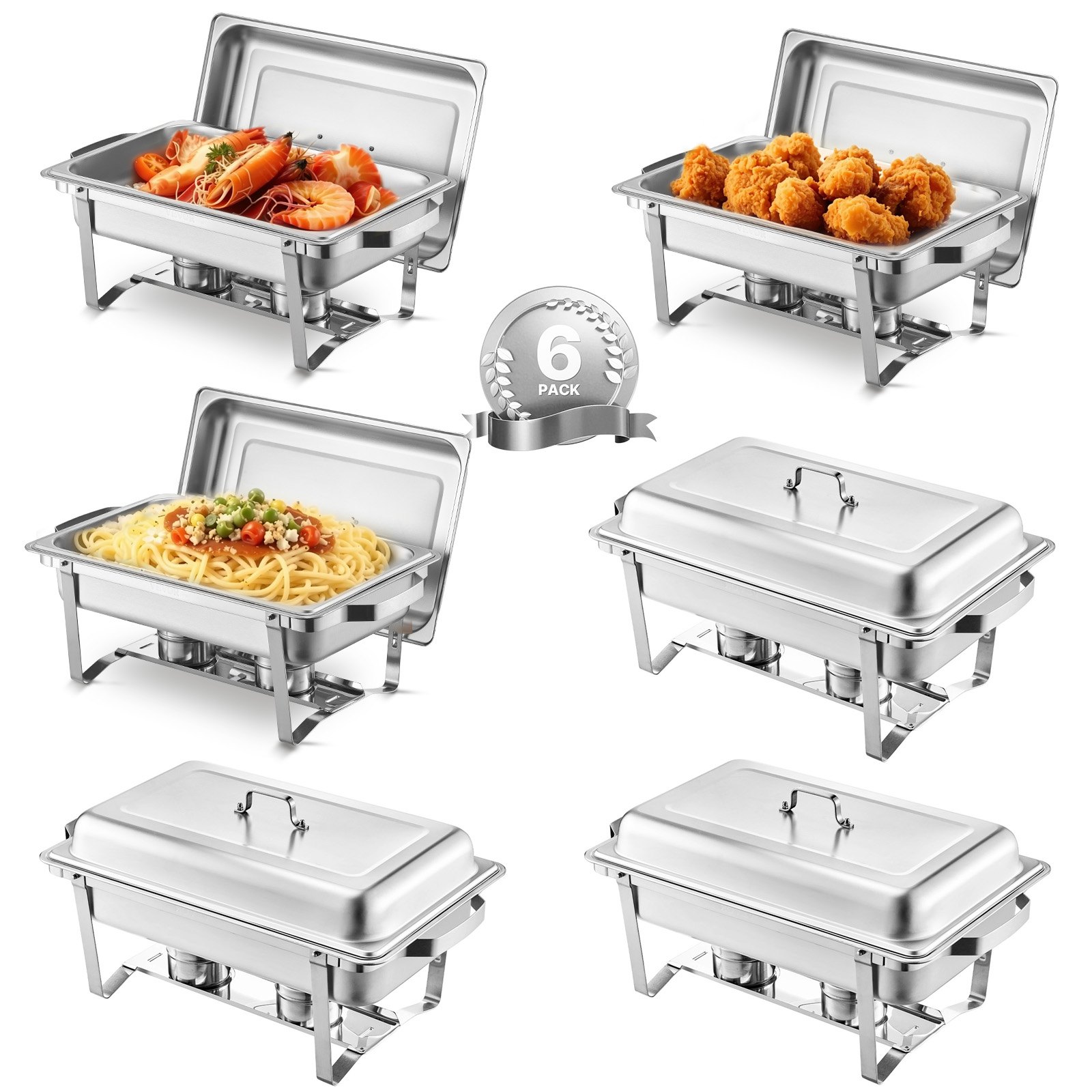 VEVOR Chafing Dish Buffet Edelstahl-Chafing Dish mit 6 Pfannen in voller Größe (7,5 L), rechteckiger Catering-Wärmespender mit Deckel & Wasserpfannenständer & Brennstoffhalter, für Partys, Silber