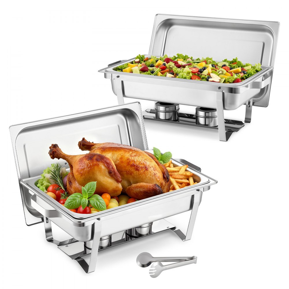 VEVOR rechteckiger Chafing Dish Set 8,5 L Speisenwärmer (2 Stk.) Buffet Warmhaltebehälter mit Griff & 1 Lebensmittelzange & Deckel & Brennstoffhalter, geeignet für Bankett Party Hochzeit Silber