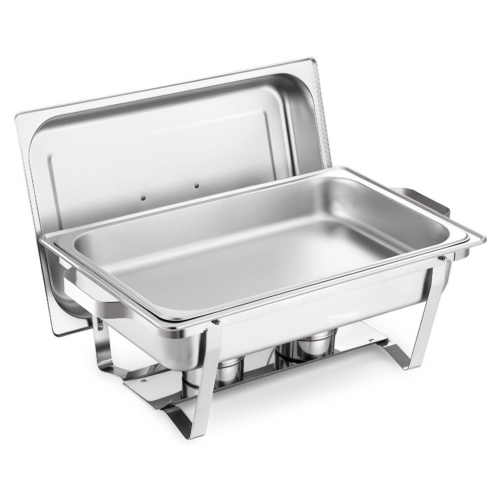 VEVOR rechteckiger Chafing Dish Set 8,5 L Speisenwärmer (2 Stk.) Buffet Warmhaltebehälter mit Griff & 1 Lebensmittelzange & Deckel & Brennstoffhalter, geeignet für Bankett Party Hochzeit Silber