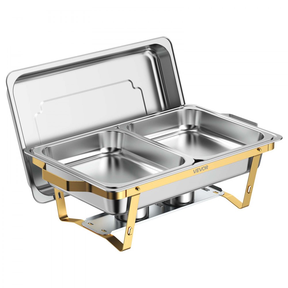 VEVOR Chafing Dish 2er-Set je 8,52 L Edelstahl Warmhaltebehälter Ideal für Hochzeiten, Partys und Bankette, 1 Behälter in Voller Größe und 2 Behälter in Halber Größe, , Servierzange, Glasschale