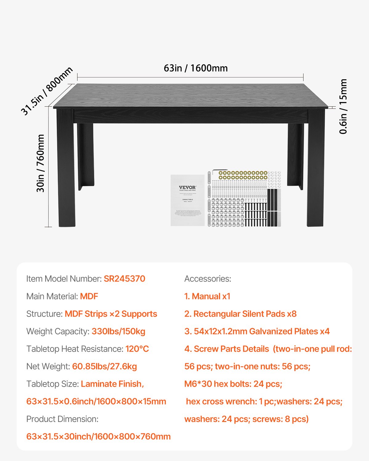 VEVOR Rechteckiger Esstisch Küchentisch Holztisch (160 cm / 150 kg belastbar) für 4–6 Personen, Bauernhaus-Esszimmermöbel Konferenztisch für Küche zu Hause Wohnzimmer, braun (nur Tisch)