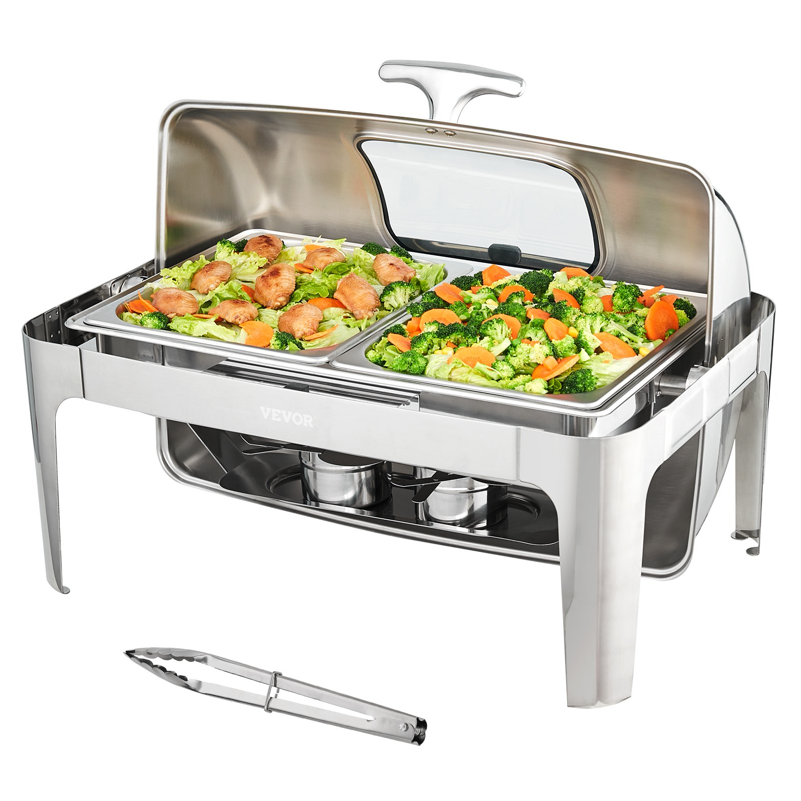 VEVOR 1pc. Food Warmer, Chafing Dish Set with Roll-Top Lid, 5 L x 2, Rectangular Stainless Steel Buffet Set including Glass Lid & Tongs, for Restaurants, Buffets, Schools, etc.
