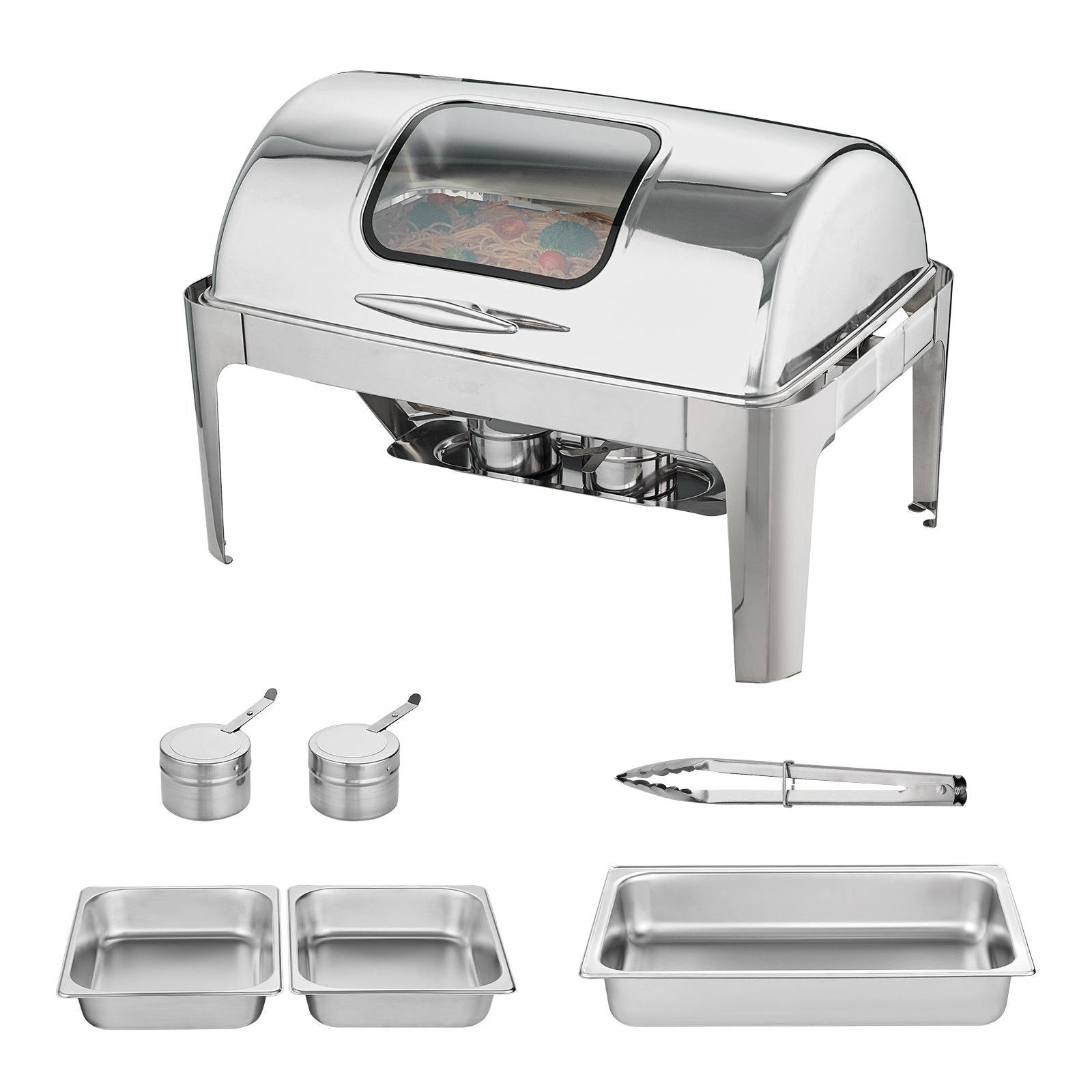 VEVOR 1pc. Food Warmer, Chafing Dish Set with Roll-Top Lid, 5 L x 2, Rectangular Stainless Steel Buffet Set including Glass Lid & Tongs, for Restaurants, Buffets, Schools, etc.