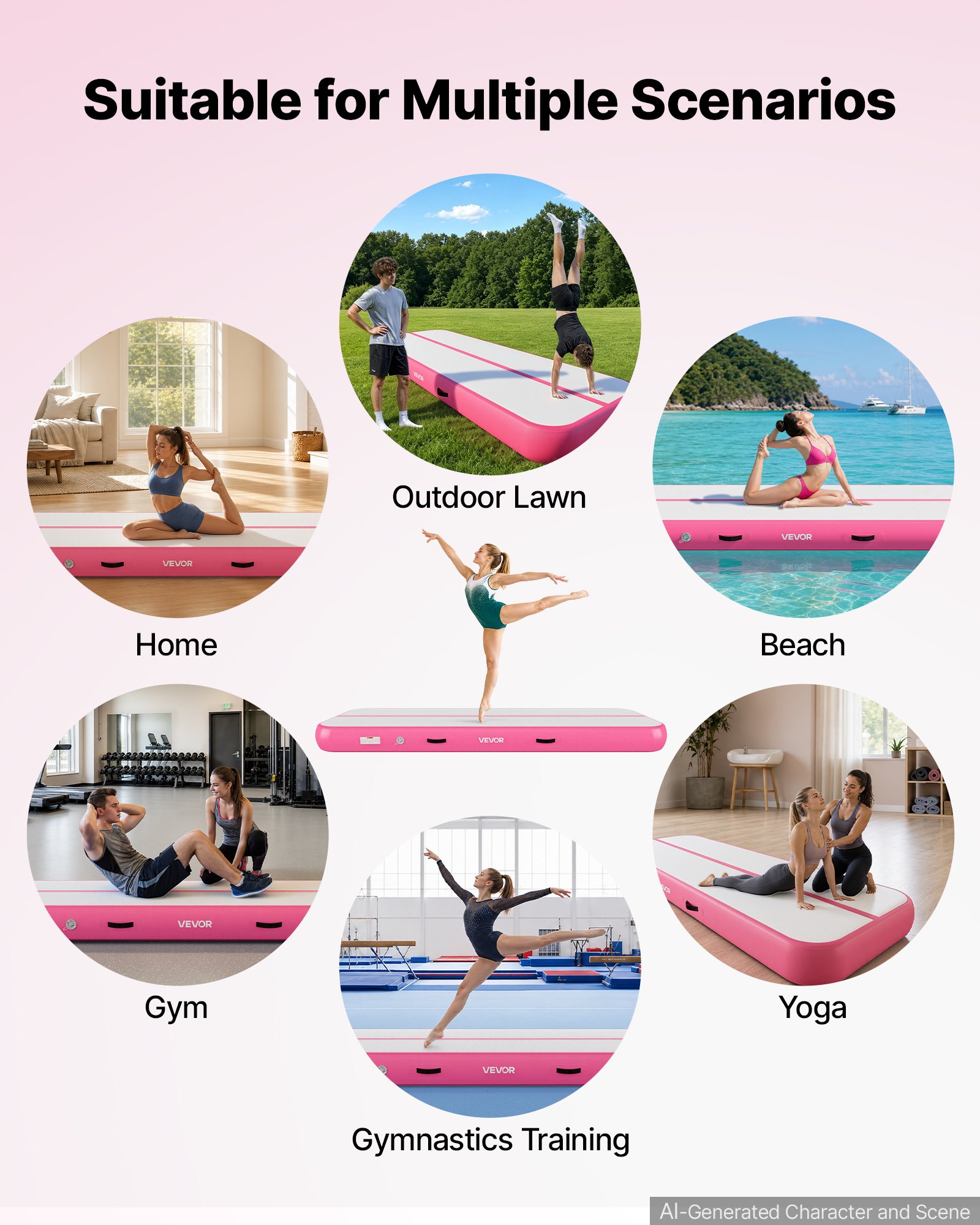 VEVOR Aufblasbare Gymnastikmatte 300x100x20 cm Airtrack-Turnmatte für Training, Wettkampfsport & Yoga, mit Rutschfester Oberfläche, 600-W-Elektroluftpumpe, Reparaturflicken, Düsen & Tasche, Rosa