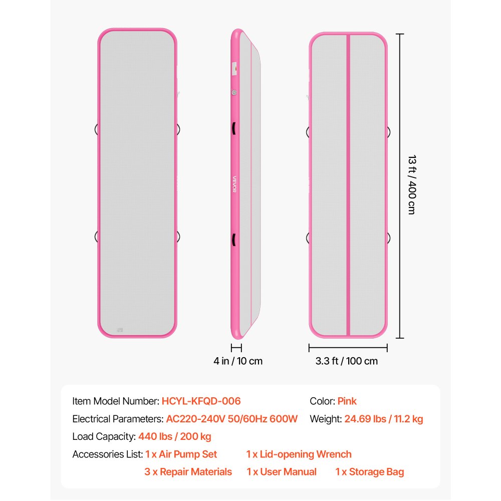 VEVOR Aufblasbare Gymnastikmatte 400x100x10 cm Airtrack-Turnmatte für Training, Wettkampfsport & Yoga, mit Rutschfester Oberfläche, 600-W-Elektroluftpumpe, Reparaturflicken, Düsen & Tasche, Pink