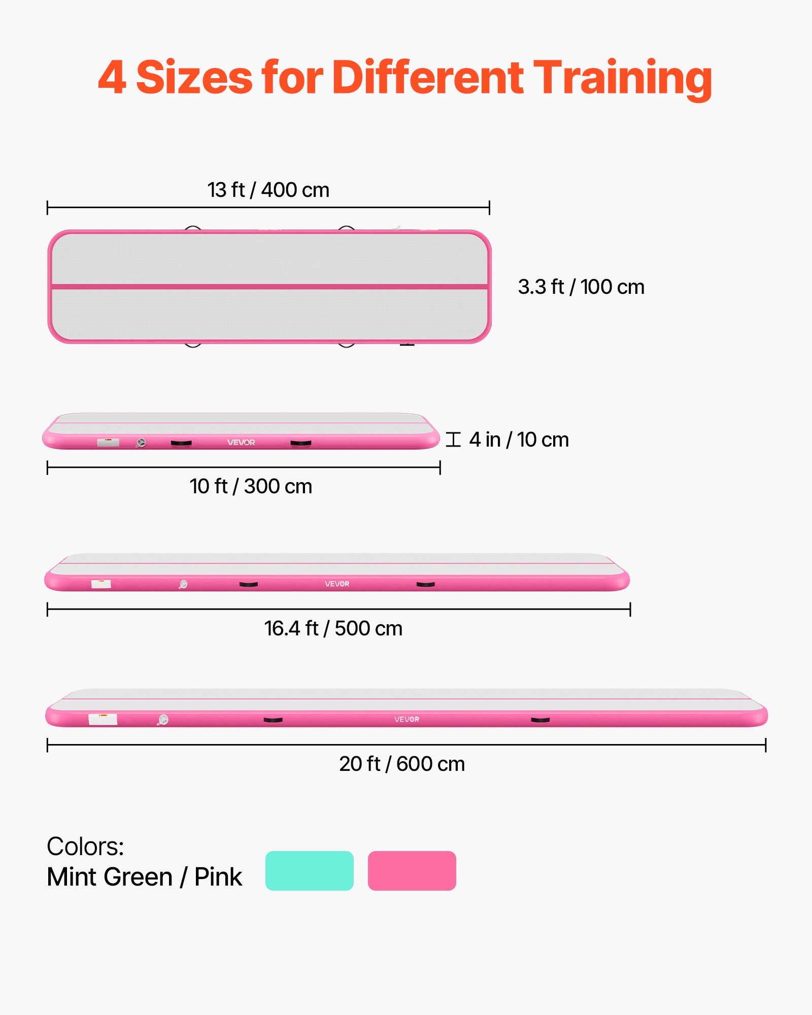 VEVOR Aufblasbare Gymnastikmatte 400x100x10 cm Airtrack-Turnmatte für Training, Wettkampfsport & Yoga, mit Rutschfester Oberfläche, 600-W-Elektroluftpumpe, Reparaturflicken, Düsen & Tasche, Pink