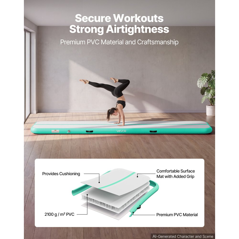 VEVOR Aufblasbare Gymnastikmatte 400x100x10 cm Airtrack-Turnmatte für Training, Wettkampfsport & Yoga, mit Rutschfester Oberfläche, 600-W-Elektroluftpumpe, Reparaturflicken, Düsen & Tasche, Mintgrün
