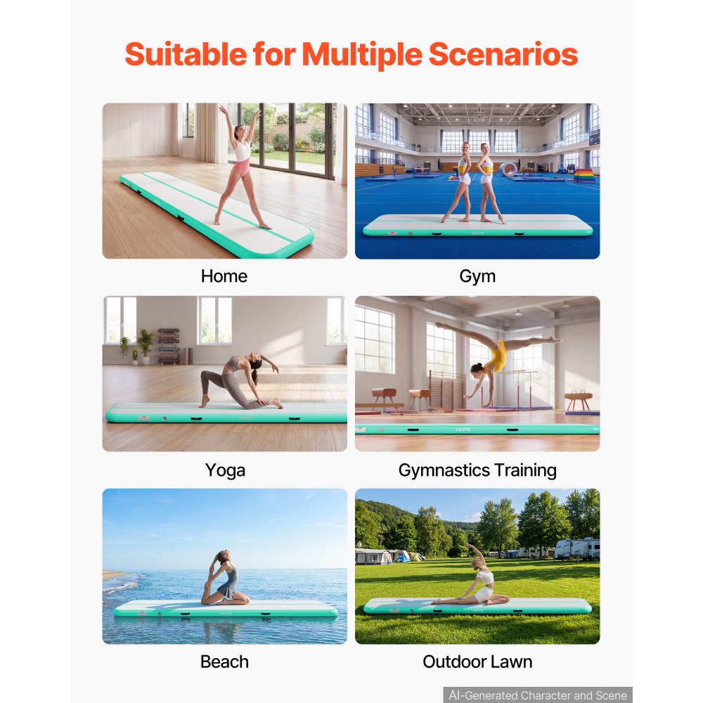VEVOR Aufblasbare Gymnastikmatte 400x100x10 cm Airtrack-Turnmatte für Training, Wettkampfsport & Yoga, mit Rutschfester Oberfläche, 600-W-Elektroluftpumpe, Reparaturflicken, Düsen & Tasche, Mintgrün
