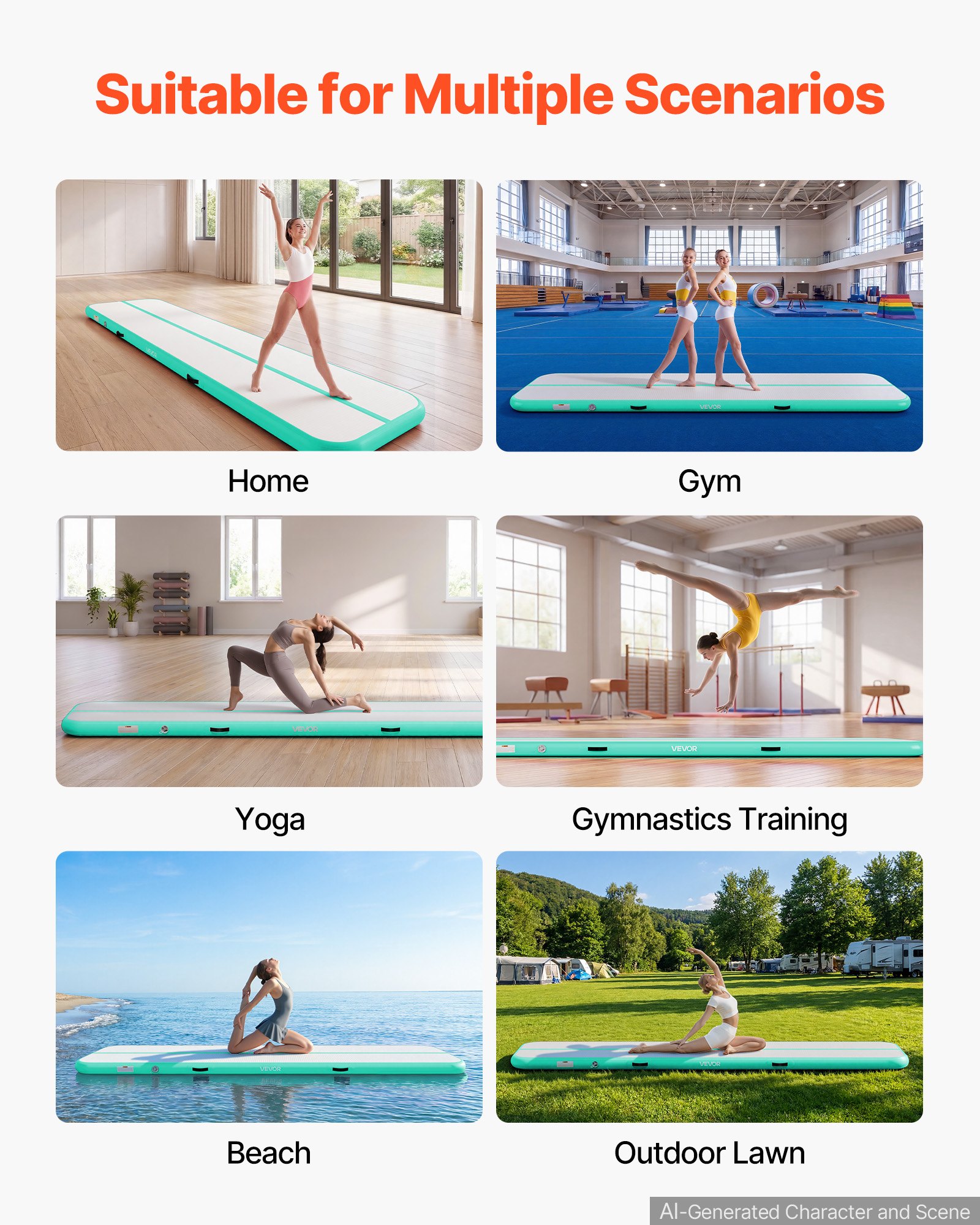 VEVOR Aufblasbare Gymnastikmatte 400x100x10 cm Airtrack-Turnmatte für Training, Wettkampfsport & Yoga, mit Rutschfester Oberfläche, 600-W-Elektroluftpumpe, Reparaturflicken, Düsen & Tasche, Mintgrün