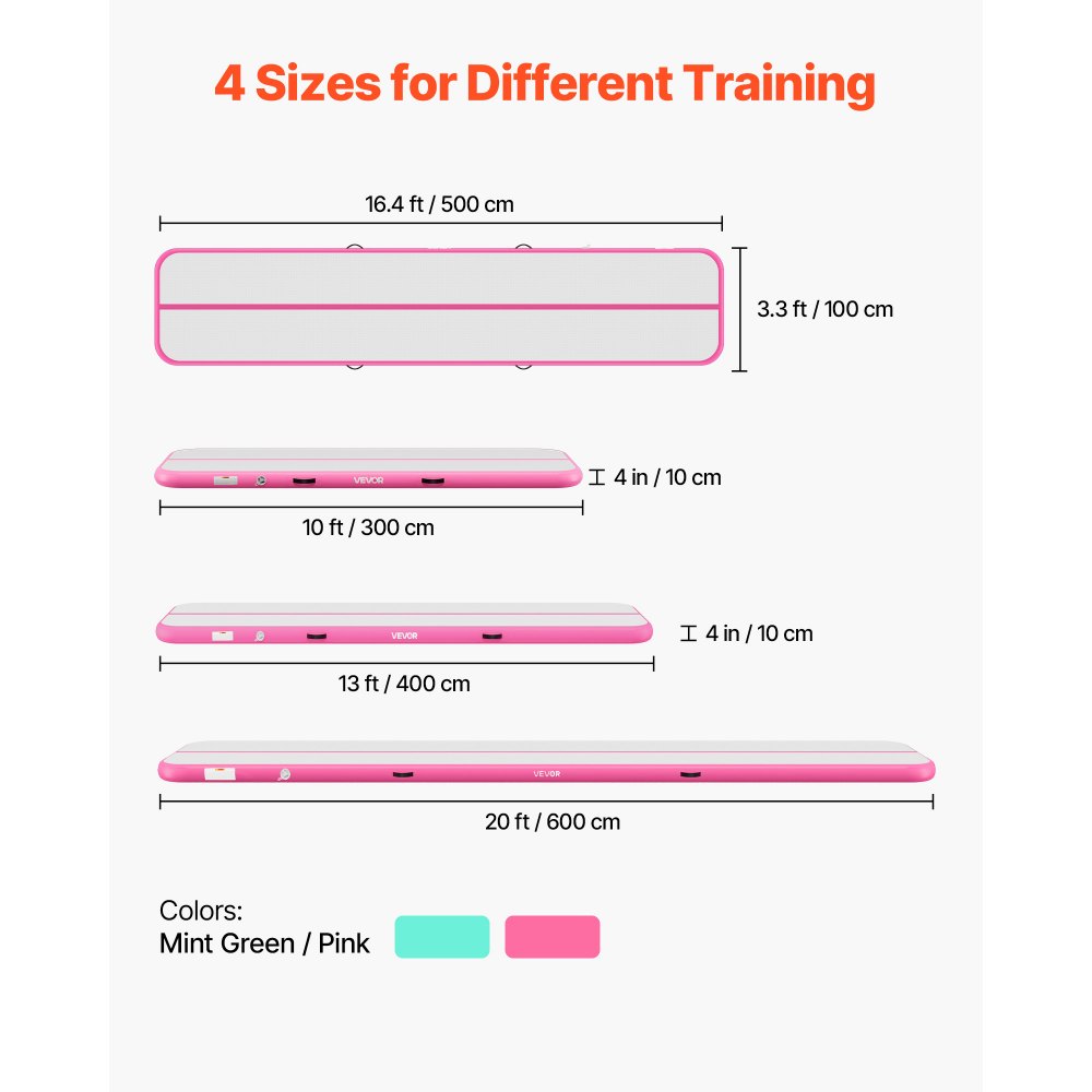 VEVOR Aufblasbare Gymnastikmatte 500x100x10 cm Airtrack-Turnmatte für Training, Wettkampfsport & Yoga, mit Rutschfester Oberfläche, 600-W-Elektroluftpumpe, Reparaturflicken, Düsen & Tasche, Pink