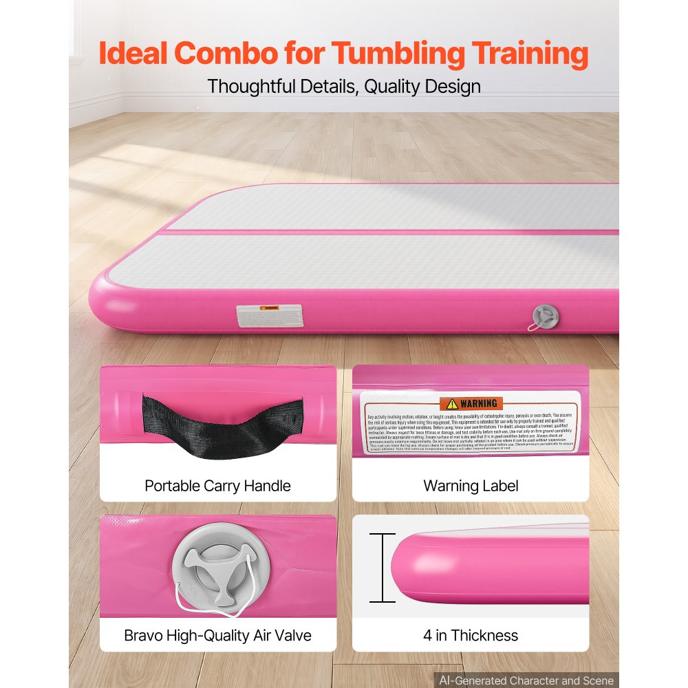 VEVOR Aufblasbare Gymnastikmatte 500x100x10 cm Airtrack-Turnmatte für Training, Wettkampfsport & Yoga, mit Rutschfester Oberfläche, 600-W-Elektroluftpumpe, Reparaturflicken, Düsen & Tasche, Pink
