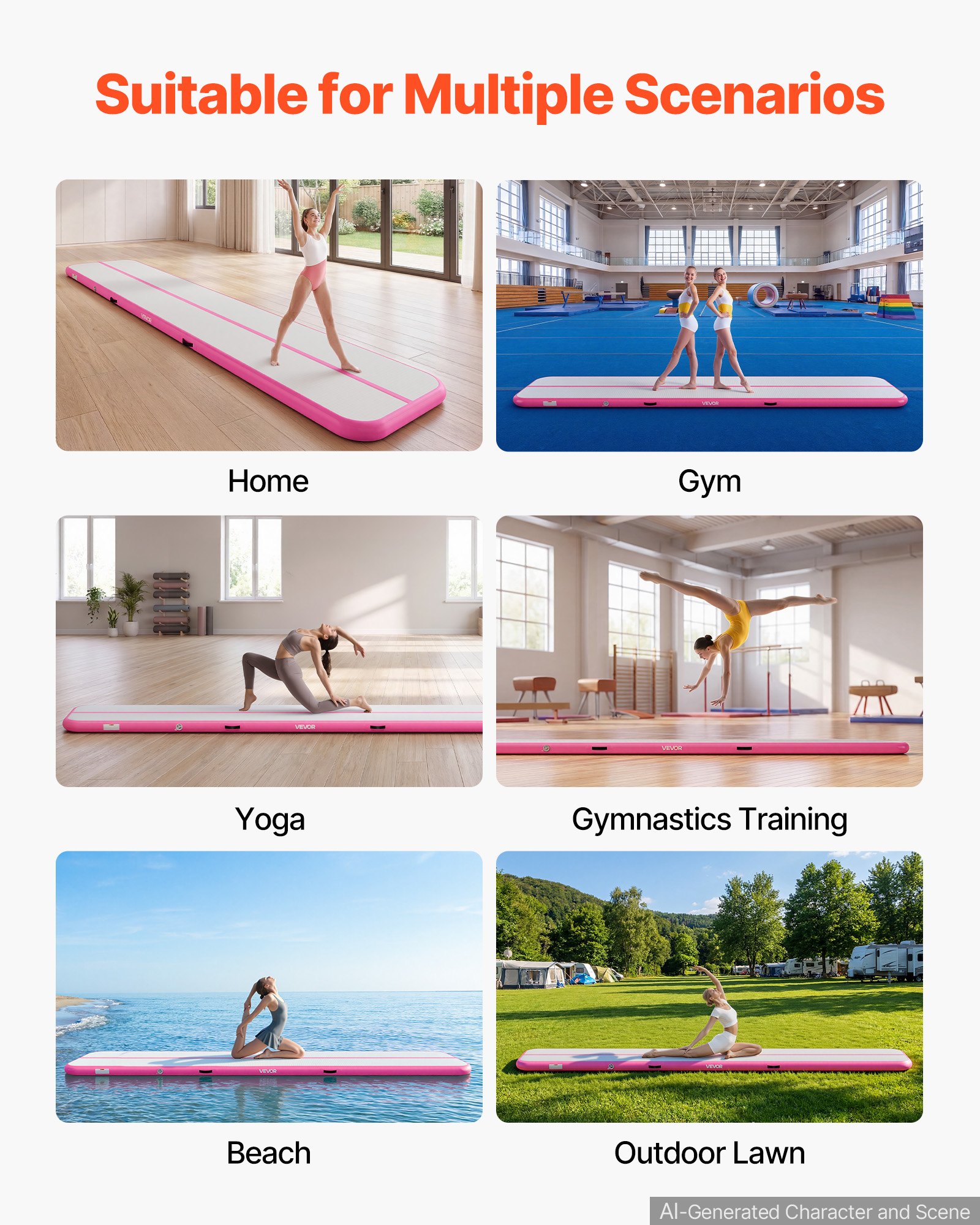 VEVOR Aufblasbare Gymnastikmatte 500x100x10 cm Airtrack-Turnmatte für Training, Wettkampfsport & Yoga, mit Rutschfester Oberfläche, 600-W-Elektroluftpumpe, Reparaturflicken, Düsen & Tasche, Pink