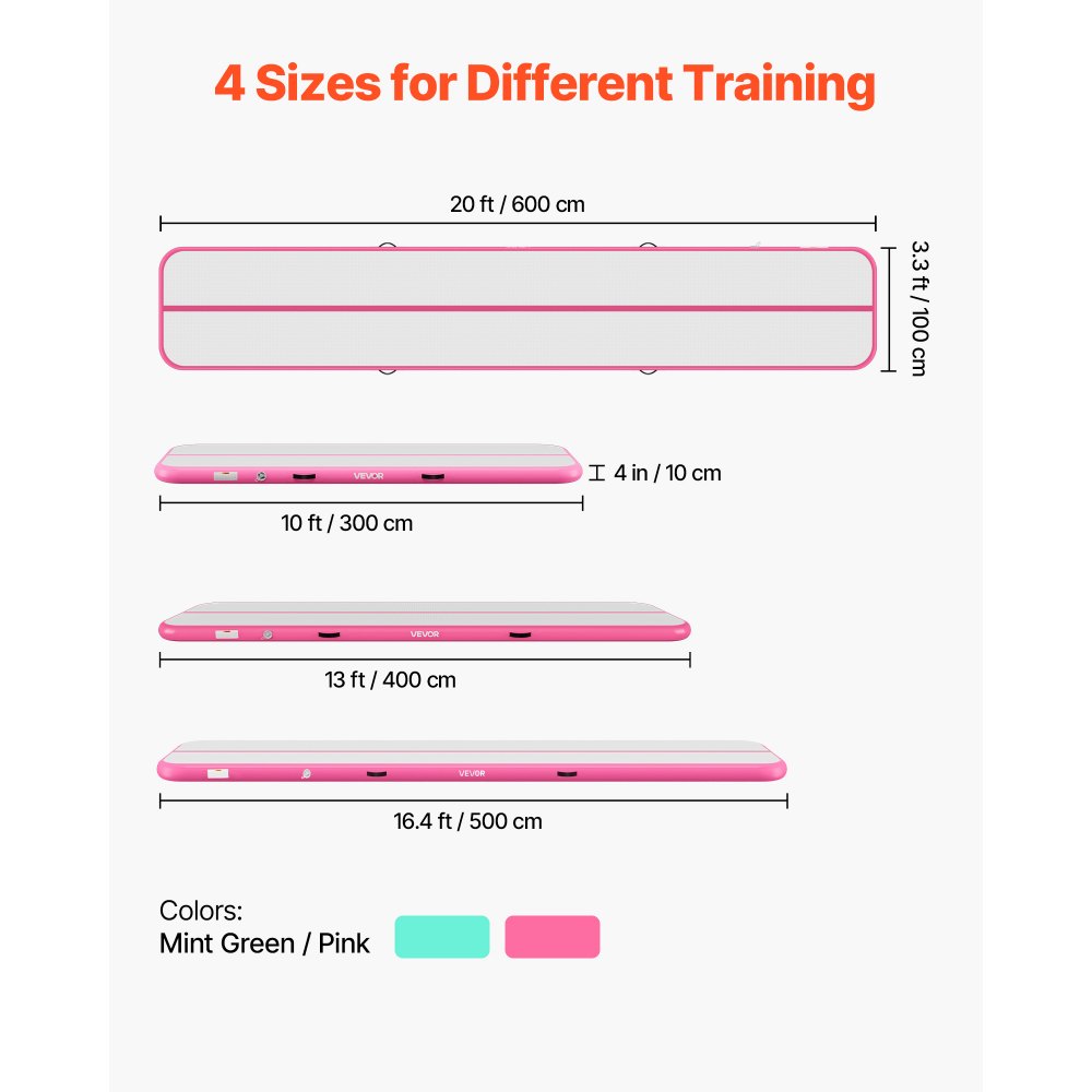 VEVOR Inflatable Gymnastics Air Mat 6m Training Mats w/ Electric Pump, 10 cm Thick Sturdy Tumble Track, Tumbling Mat for Home Use/Gym/Outdoor/Yoga/Cheerleading/Beach/Park/Water, Pink