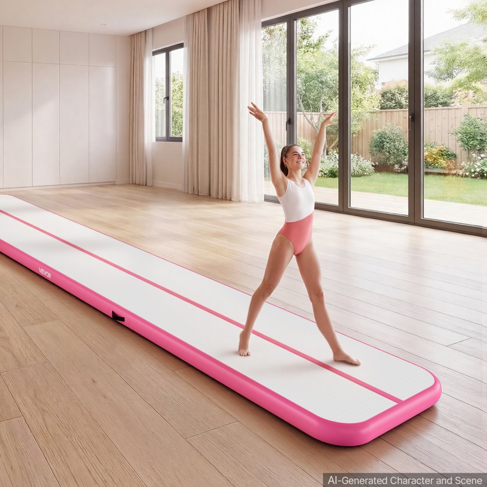 VEVOR Inflatable Gymnastics Air Mat 6m Training Mats w/ Electric Pump, 10 cm Thick Sturdy Tumble Track, Tumbling Mat for Home Use/Gym/Outdoor/Yoga/Cheerleading/Beach/Park/Water, Pink