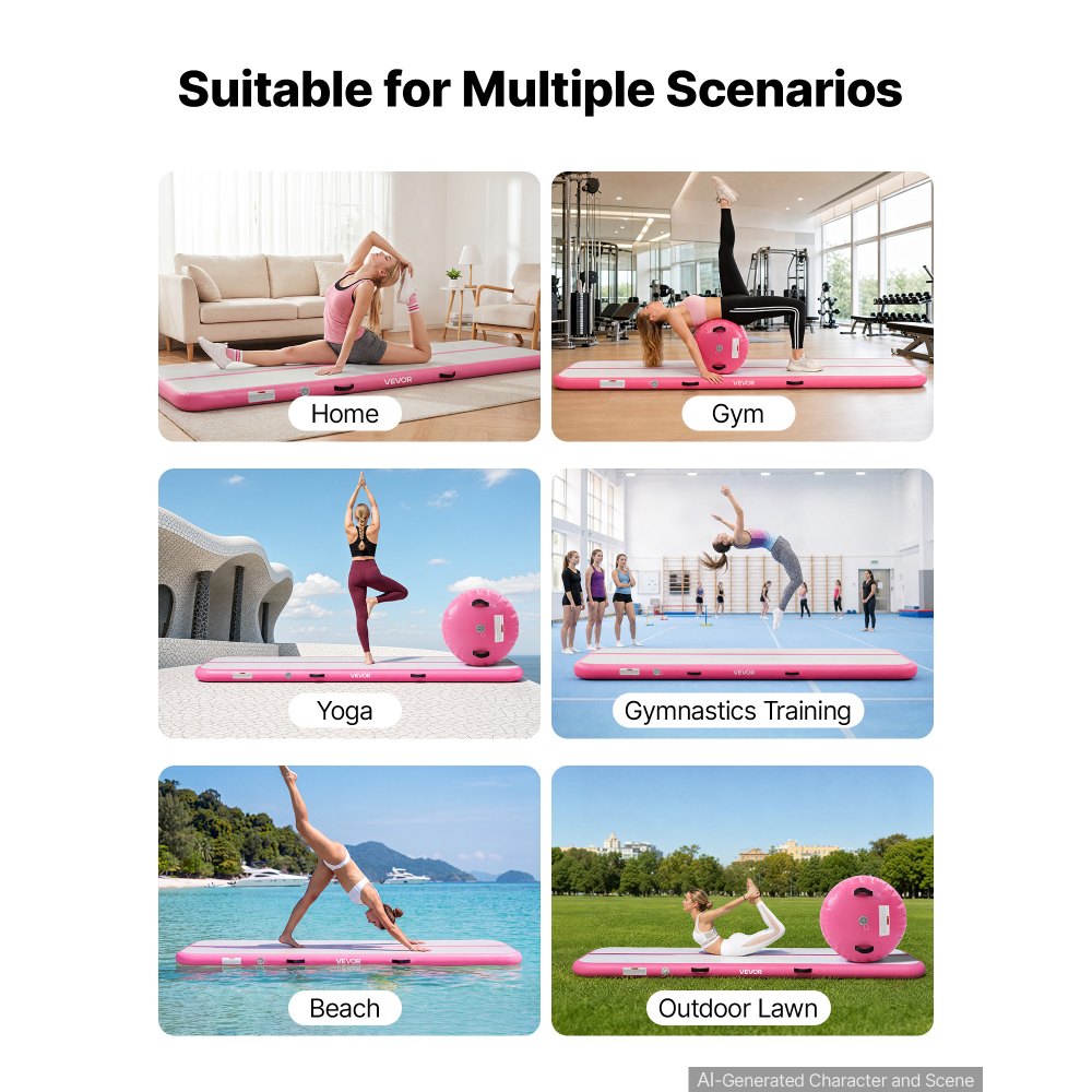 VEVOR Aufblasbares Turnmatten Set 3 x 1 m Gymnastikmatte mit Turnrolle Rosa, für Fitnessstudio Outdoor und Yoga, 3,2 psi, Verstärkte Nähte, Griffe, mit 600-W-Elektroluftpumpe und Aufbewahrungstasche