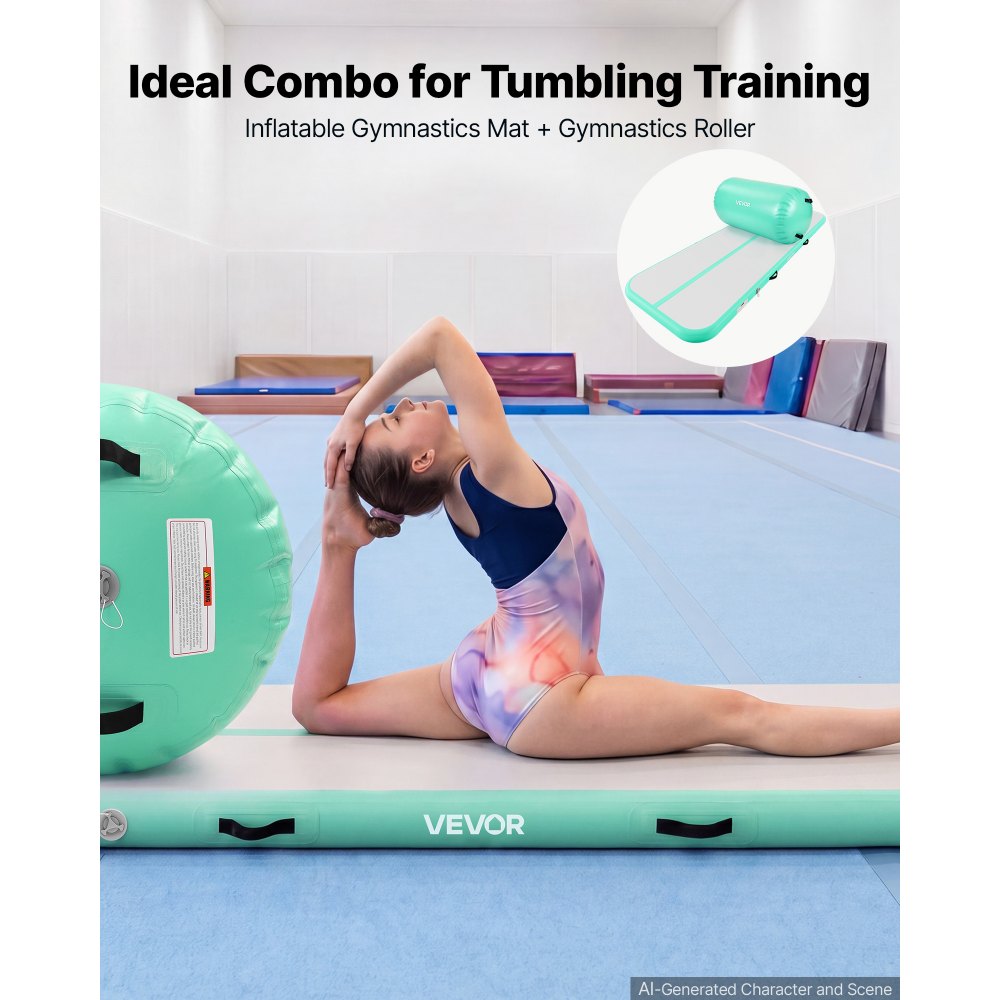 VEVOR Aufblasbares Turnmatten-Set 3 x 1 m Airtruck Turnrolle Mintgrün für Fitnessstudio Outdoor und Yoga, 3,2 psi, Verstärkte Nähte, Griffe, mit 600-W-Elektroluftpumpe und Aufbewahrungstasche