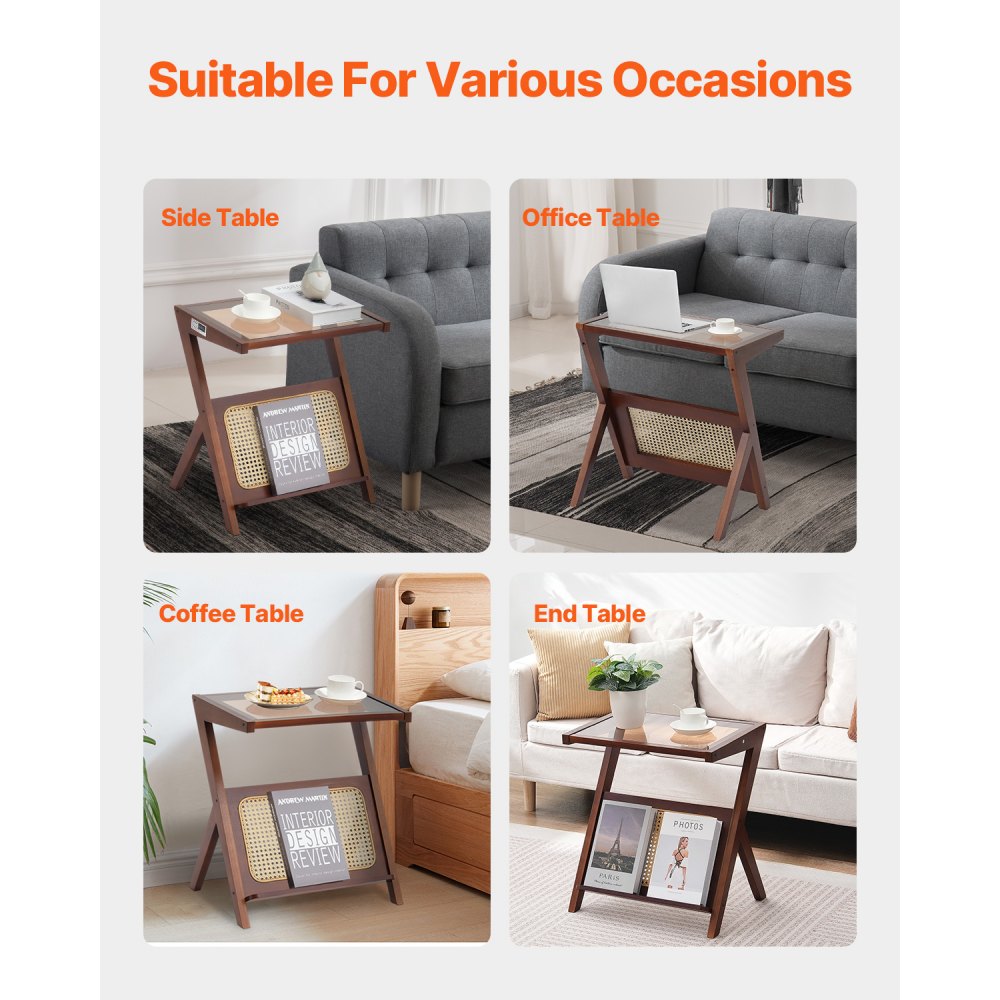 VEVOR Rattan-Couchtisch Z-förmiger Kaffeetisch geflochtenem Bambus-Rattan mit Platte aus gehärtetem Glas, 50 cm moderner Boho-Couchtisch mit Stauraum & Beine, für Wohnzimmer, Schlafzimmer