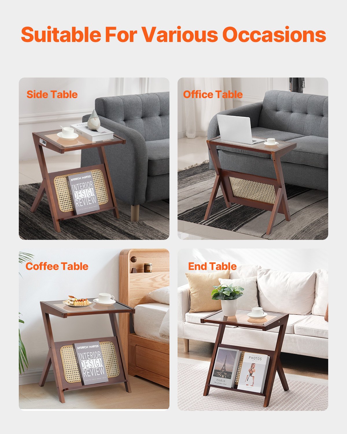 VEVOR Rattan-Couchtisch Z-förmiger Kaffeetisch geflochtenem Bambus-Rattan mit Platte aus gehärtetem Glas, 50 cm moderner Boho-Couchtisch mit Stauraum & Beine, für Wohnzimmer, Schlafzimmer