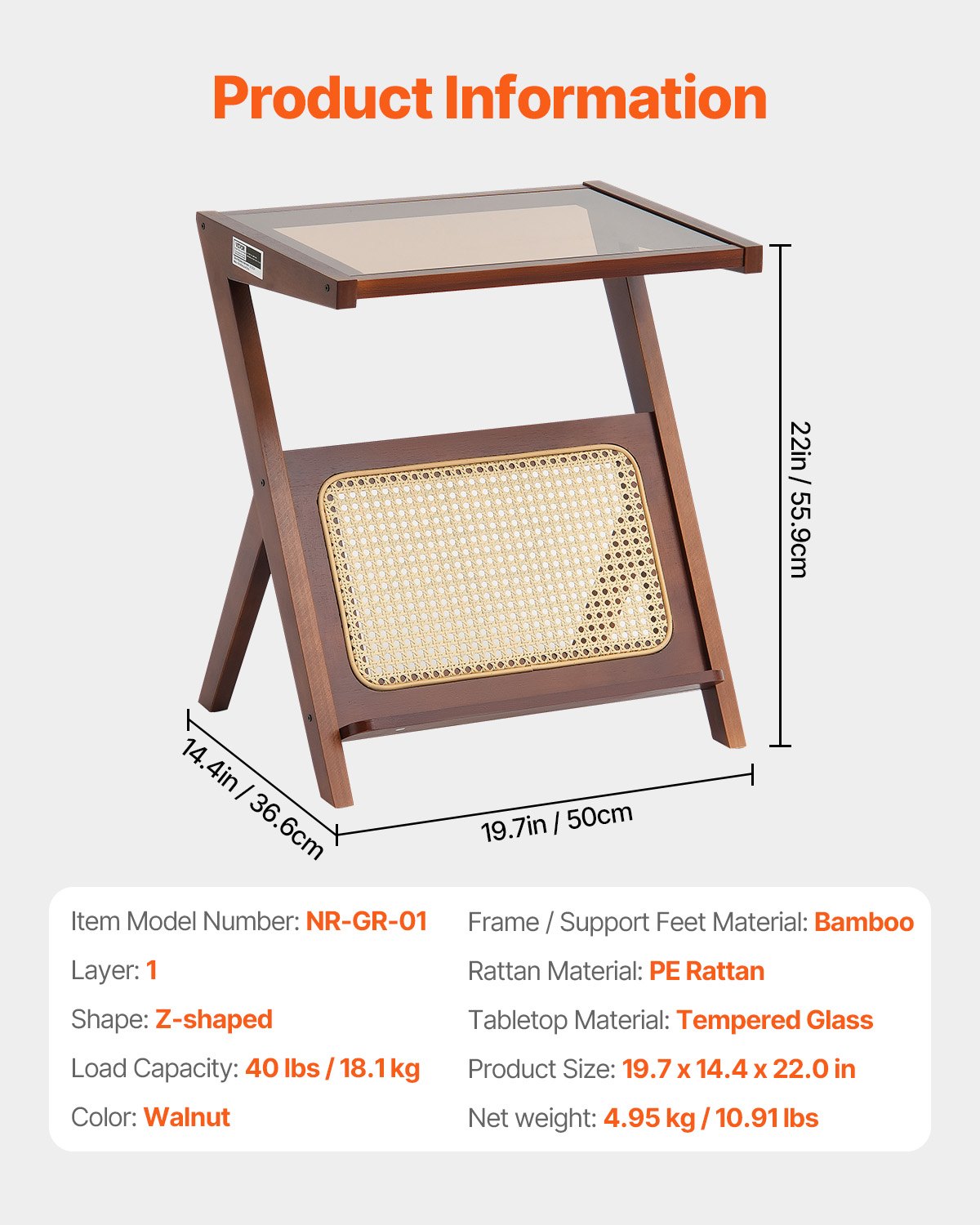 VEVOR Rattan Coffee Table, Z-Shaped, Woven Bamboo Rattan with Tempered Glass Top, 50 cm, Modern Boho Coffee Table with Storage & Legs, for Living Room, Bedroom