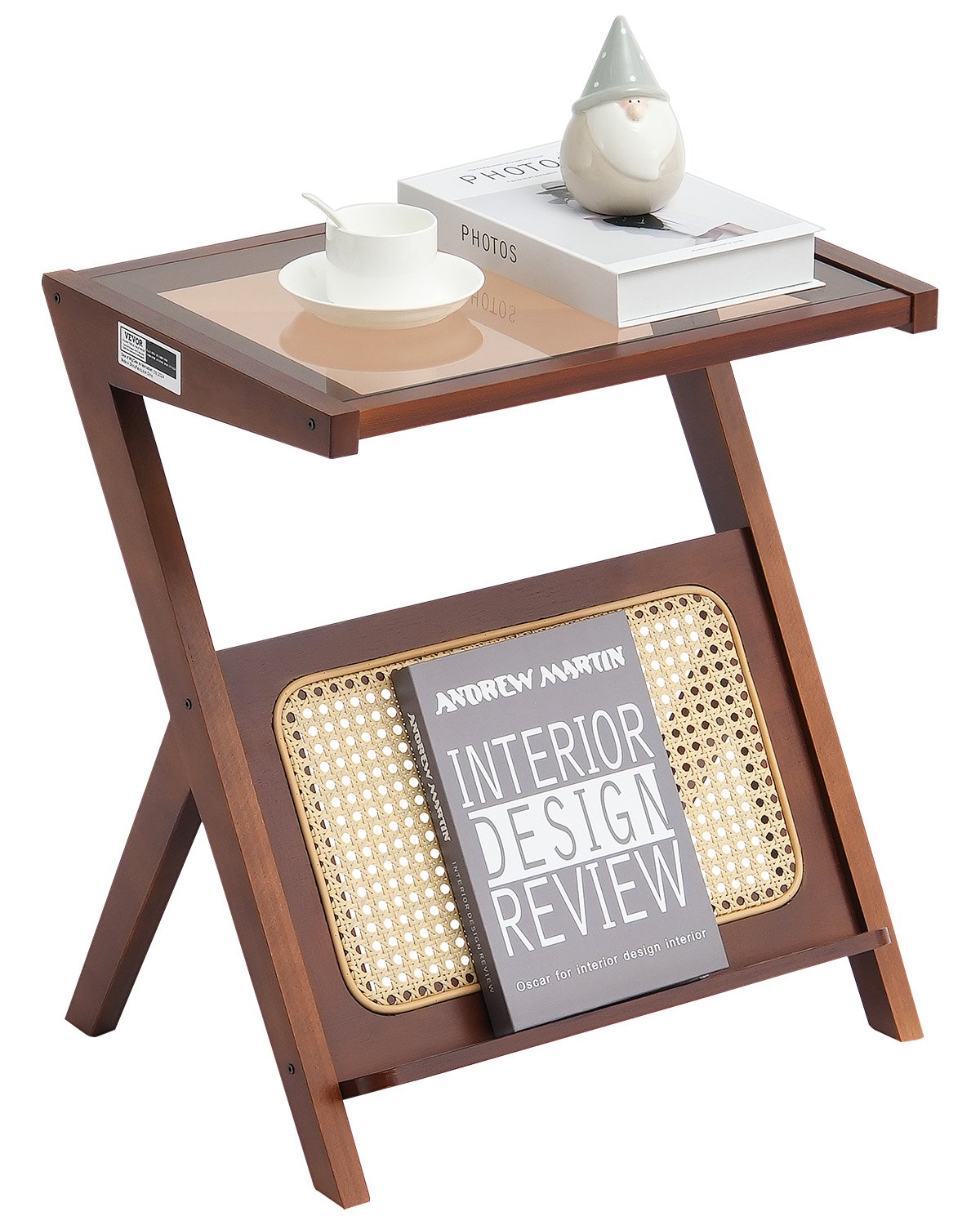 VEVOR Rattan Coffee Table, Z-Shaped, Woven Bamboo Rattan with Tempered Glass Top, 50 cm, Modern Boho Coffee Table with Storage & Legs, for Living Room, Bedroom