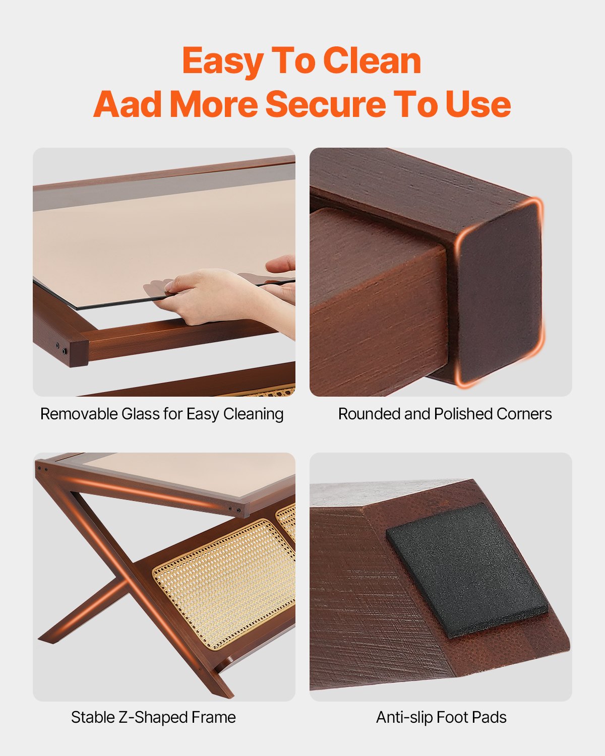 VEVOR Rattan-Couchtisch Z-förmiger Kaffeetisch aus geflochtenem Bambus-Rattan mit Tischplatte aus gehärtetem Glas, 120 cm moderner Boho-Couchtisch mit Stauraum & Beinen aus Naturholz Wohnzimmer