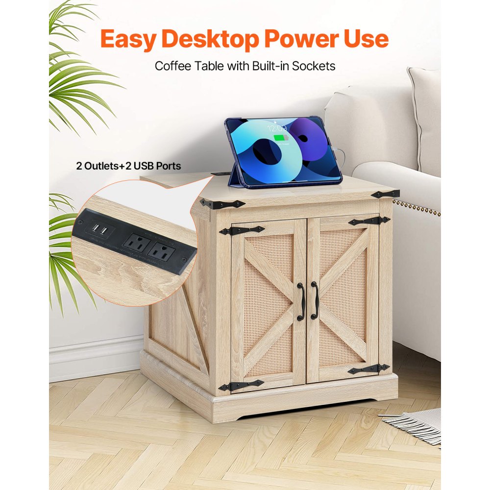 VEVOR Rattan Coffee Table, Rectangular Coffee Table made of PE Rattan with MDF Top in Boho Style with Storage, Retro Metal Hinges & Power Outlet, for Living Room, Bedroom, Small Spaces