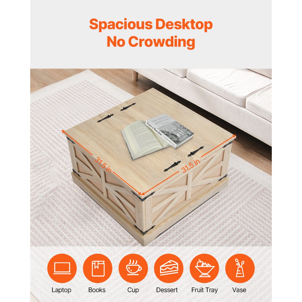 VEVOR Rattan-Couchtisch rechteckiger Kaffeetisch aus PE-Rattan-Geflechtholz mit MDF-Platte, 80 cm moderner Boho-Couchtisch mit Stauraum & Retro-Metallscharnieren, für Wohnzimmer, Schlafzimmer