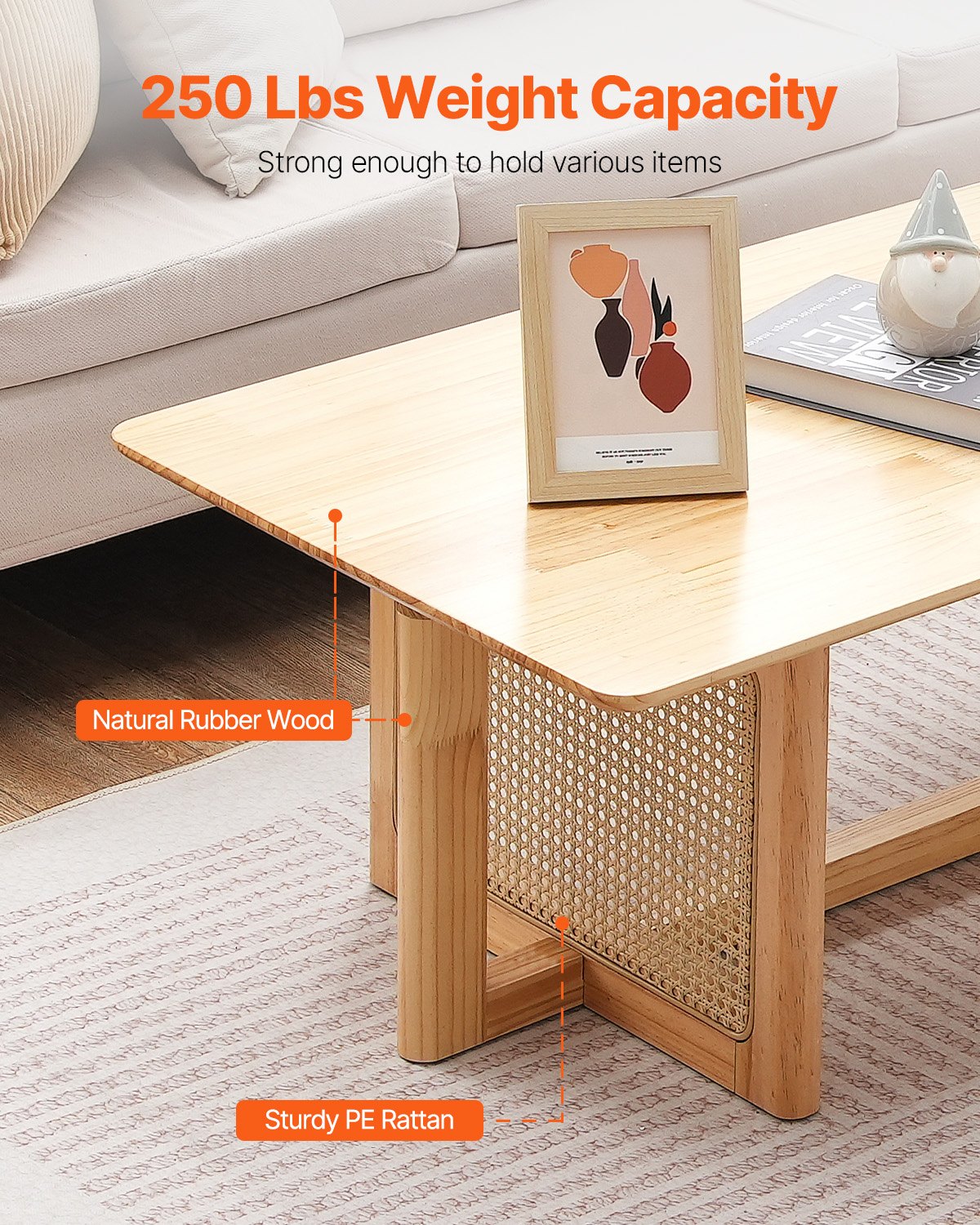 VEVOR Rattan Coffee Table, rectangular coffee table made of woven rattan wood with a rubberwood tabletop, 120 cm, modern boho coffee table with storage and natural wood legs, for living room