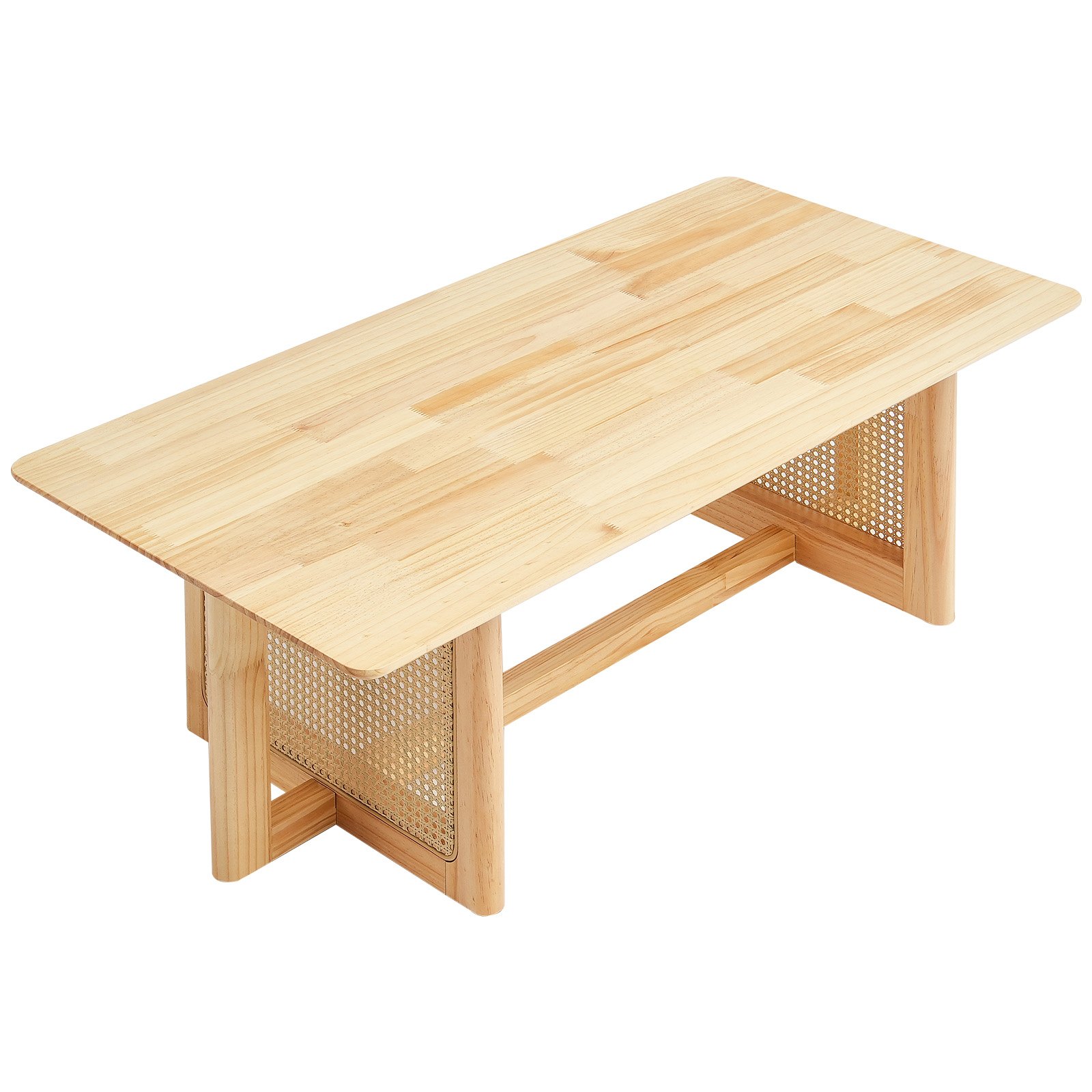 VEVOR Rattan Coffee Table, rectangular coffee table made of woven rattan wood with a rubberwood tabletop, 120 cm, modern boho coffee table with storage and natural wood legs, for living room