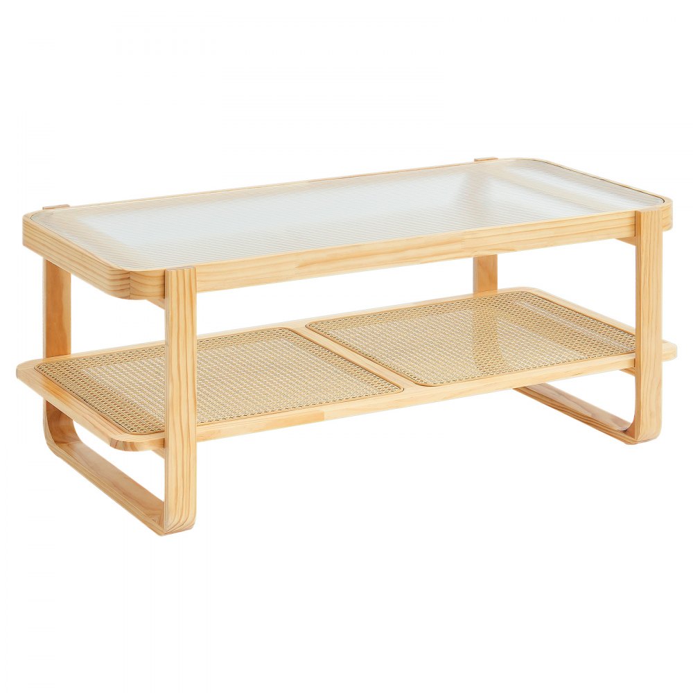 VEVOR Rattan Coffee Table, Rectangular Coffee Table Made of Woven Rattan Wood with Tempered Glass Tabletop, 115 cm, Modern Boho Coffee Table with Storage & Natural Wood Legs, Living Room