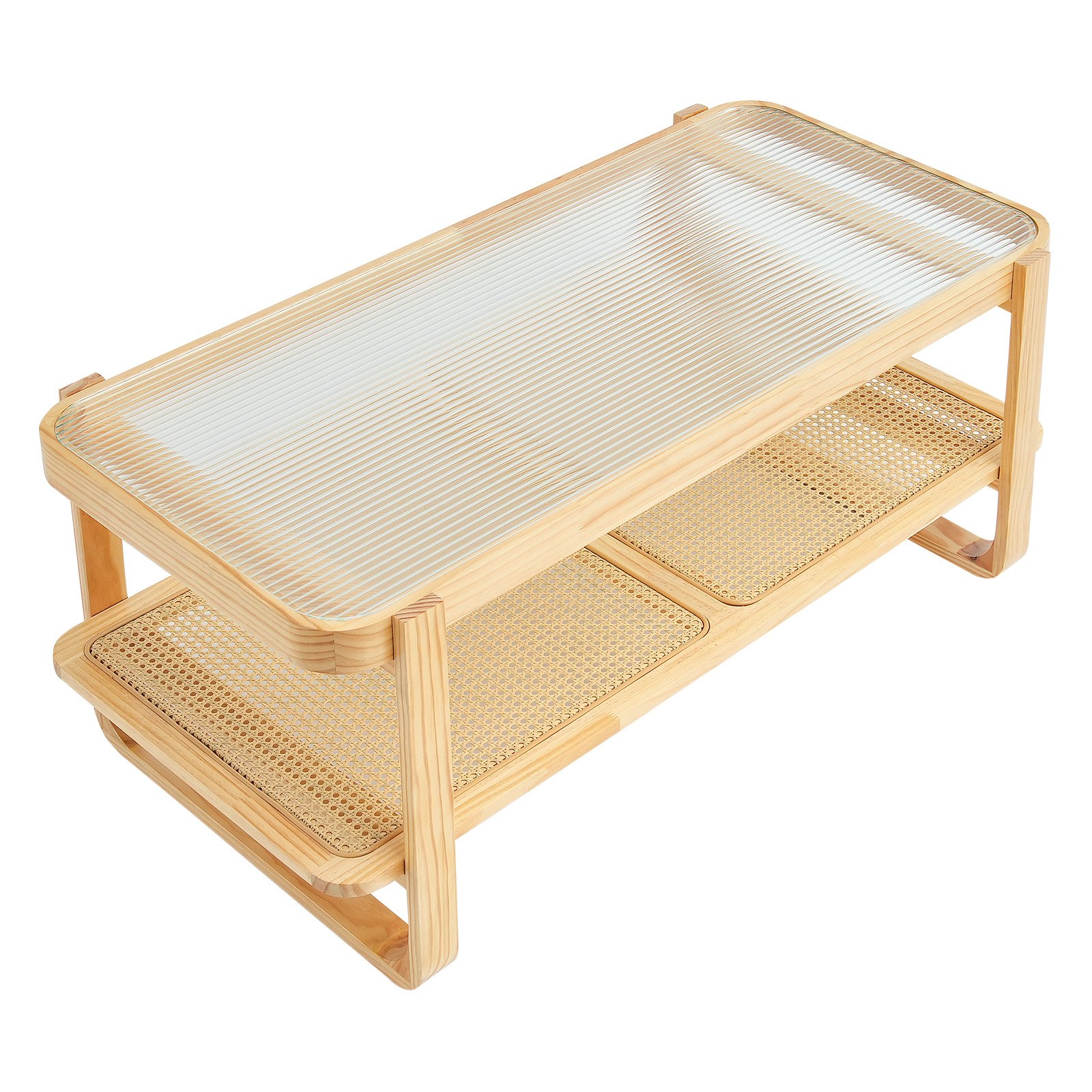 VEVOR Rattan-Couchtisch rechteckiger Kaffeetisch aus geflochtenem Rattanholz mit Tischplatte aus gehärtetem Glas, 115 cm moderner Boho-Couchtisch mit Stauraum & Beinen aus Naturholz, Wohnzimmer